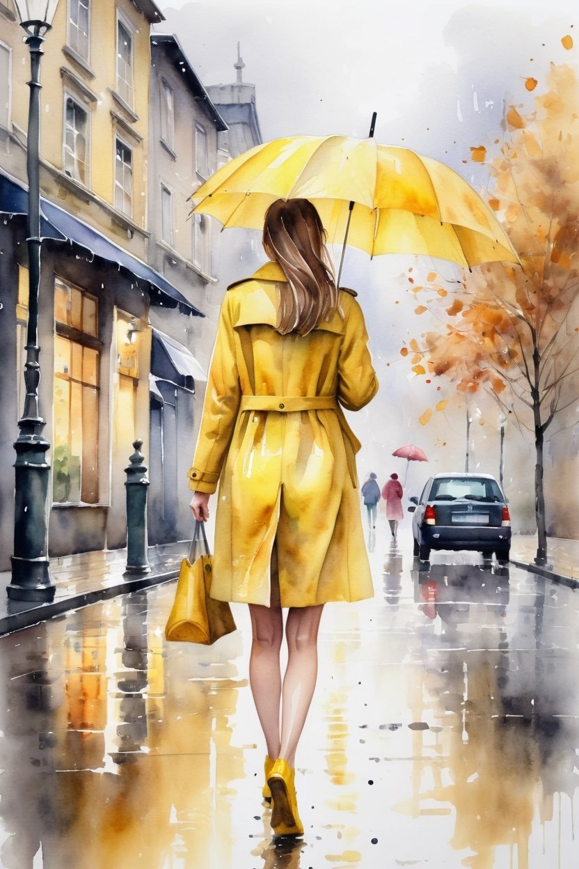 breathtaking ethereal watercolor painting of young beautiful woman wearing yellow coat and shoes with yellow umbrella walking in autumn rainy street . from back, full body shot