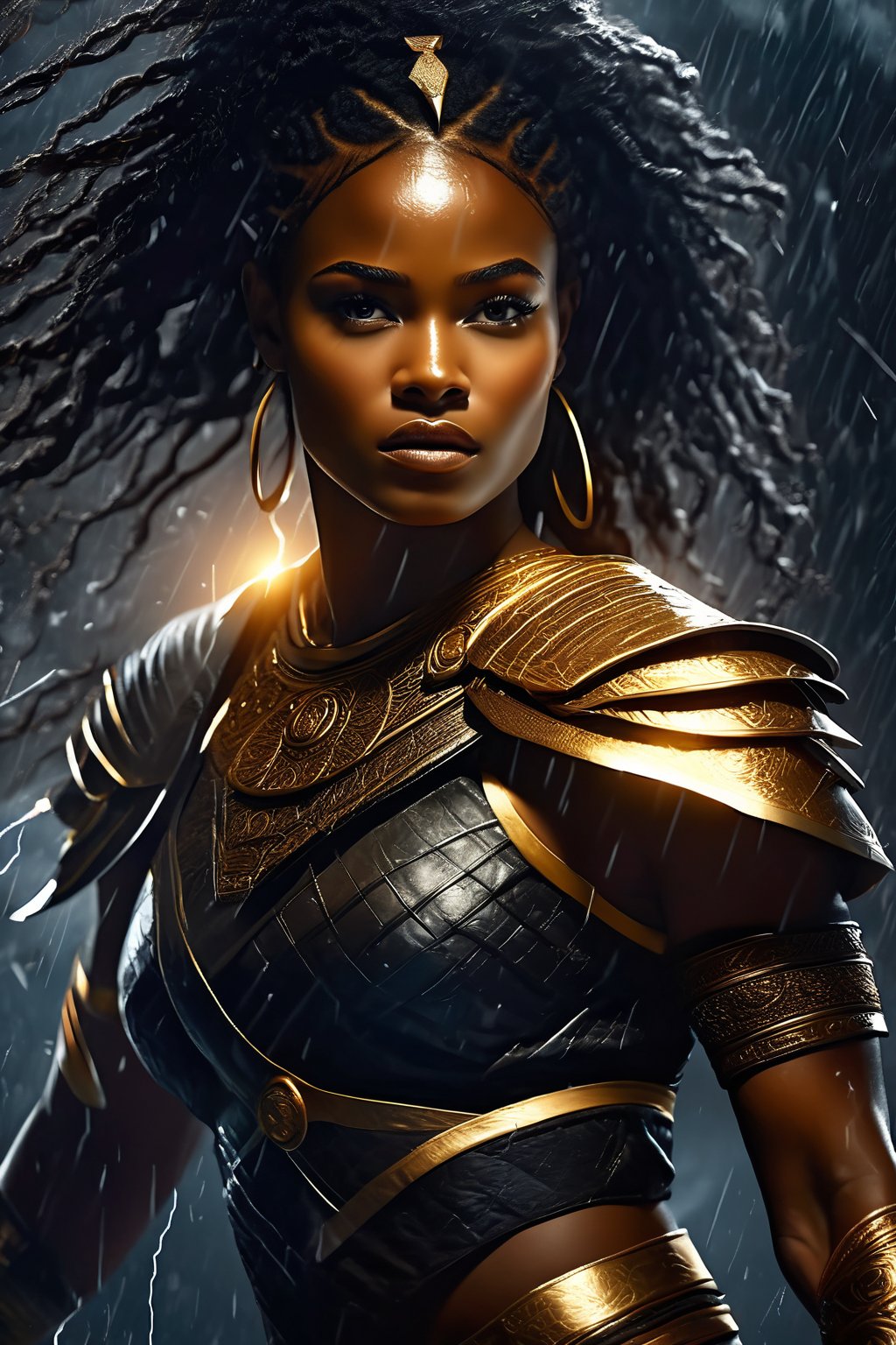 breathtaking illustration of beautiful young (sexy:2.0) brave african female warrior coming out from storm with thunder and lightning, alluring, (perfect eyes:2.0), (perfect hands:2.0), evocative dynamic action pose . dark and moody style, Splash art, sharp focus, focus on eyes, hyperrealistic, volumetric lighting, dramatic lighting, cinematic lighting, exquisite details, highly detailed, UHD, 64k resolution