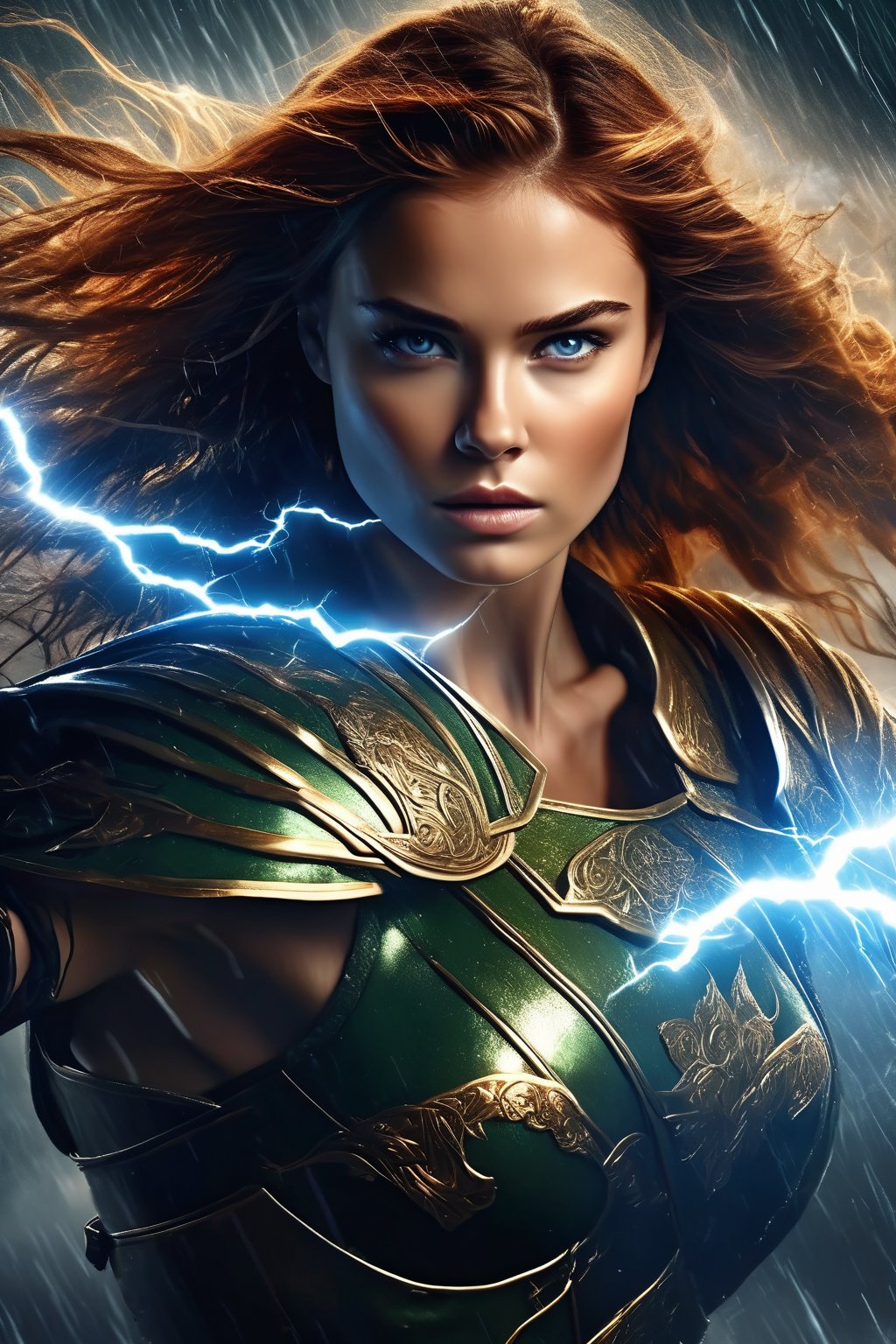 breathtaking illustration of beautiful young (sexy:2.0) brave irish female warrior coming out from storm with thunder and lightning, alluring, (perfect eyes:2.0), (perfect hands:2.0), evocative dynamic action pose . dark and moody style, Splash art, sharp focus, focus on eyes, hyperrealistic, volumetric lighting, dramatic lighting, cinematic lighting, exquisite details, highly detailed, UHD, 64k resolution