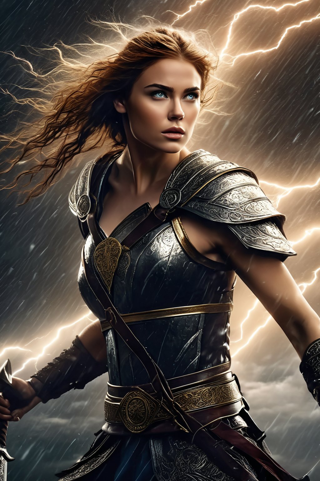 breathtaking illustration of beautiful young (sexy:2.0) brave irish female warrior coming out from storm with thunder and lightning, alluring, (perfect eyes:2.0), (perfect hands:2.0), evocative dynamic action pose . dark and moody style, Splash art, sharp focus, focus on eyes, hyperrealistic, volumetric lighting, dramatic lighting, cinematic lighting, exquisite details, highly detailed, UHD, 64k resolution