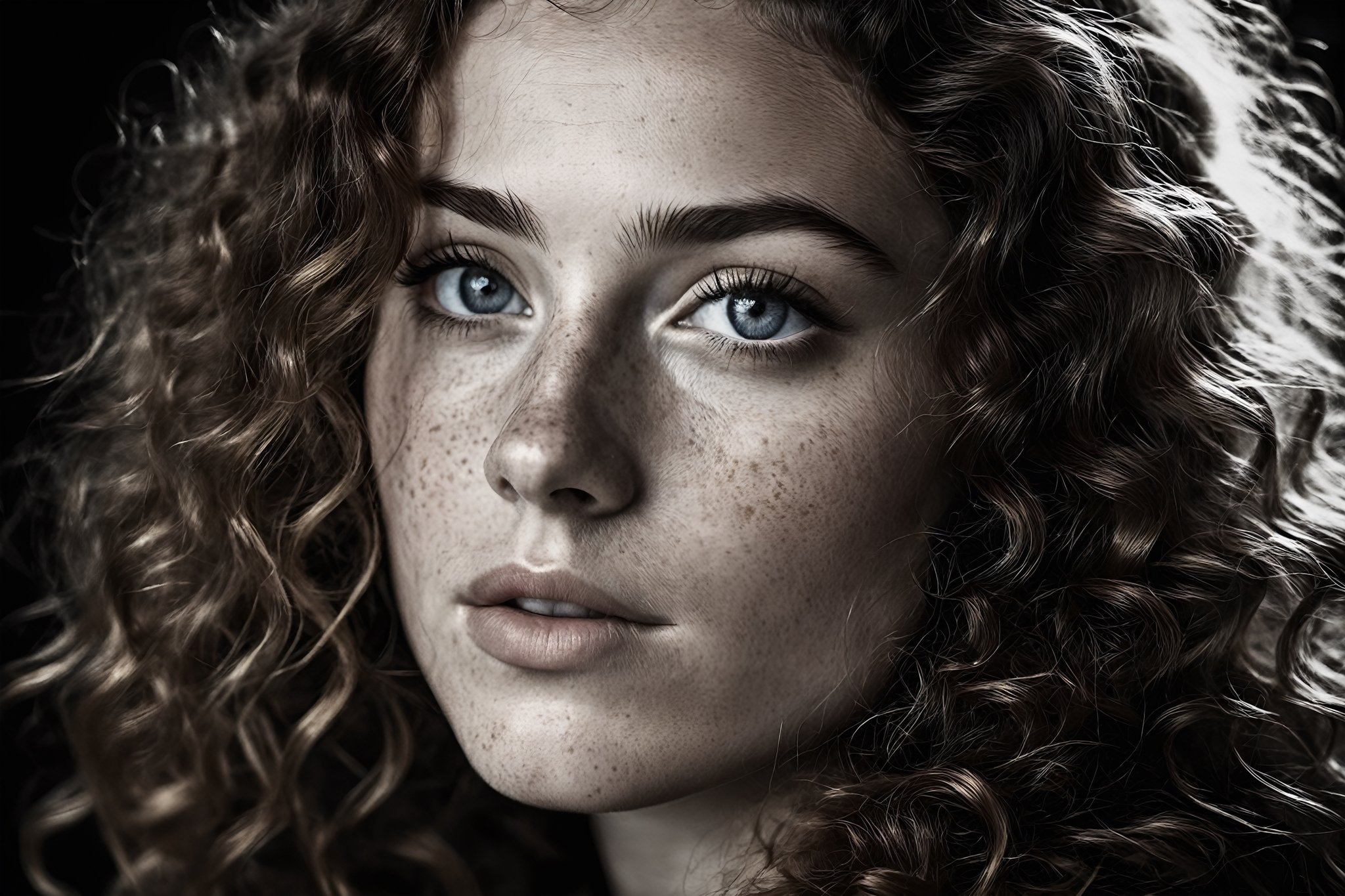 breathtaking macrofotography profile portrait of beautiful young woman with freckles and long curly hair, (perfect eyes:2.0) . black and white, rule of thirds, film noir, dark and moody style, sharp focus, focus on eyes, high contrast, volumetric lighting, rim lighting, exquisite details, highly detailed