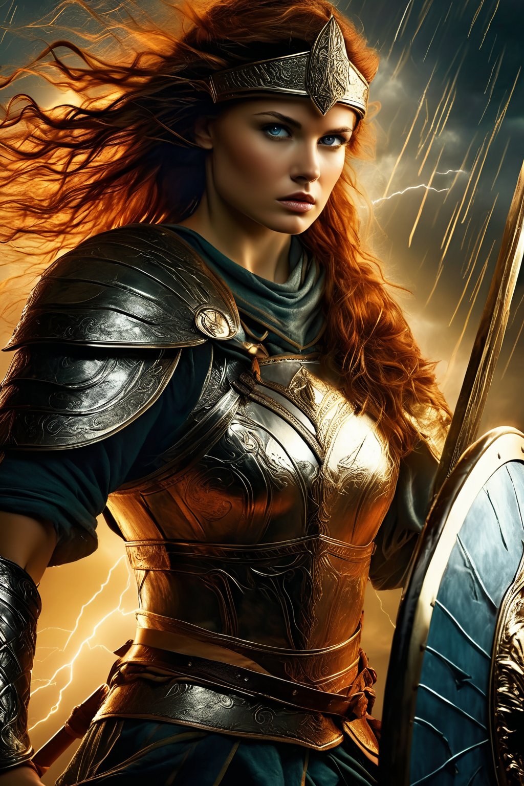 breathtaking illustration of beautiful young (sexy:2.0) brave irish female warrior with helmet, sword and shield coming out from storm with thunder and lightning, alluring, (perfect eyes:2.0), (perfect hands:2.0), evocative dynamic action pose . dark and moody style, Splash art, sharp focus, focus on eyes, hyperrealistic, volumetric lighting, dramatic lighting, cinematic lighting, exquisite details, highly detailed, UHD, 64k resolution