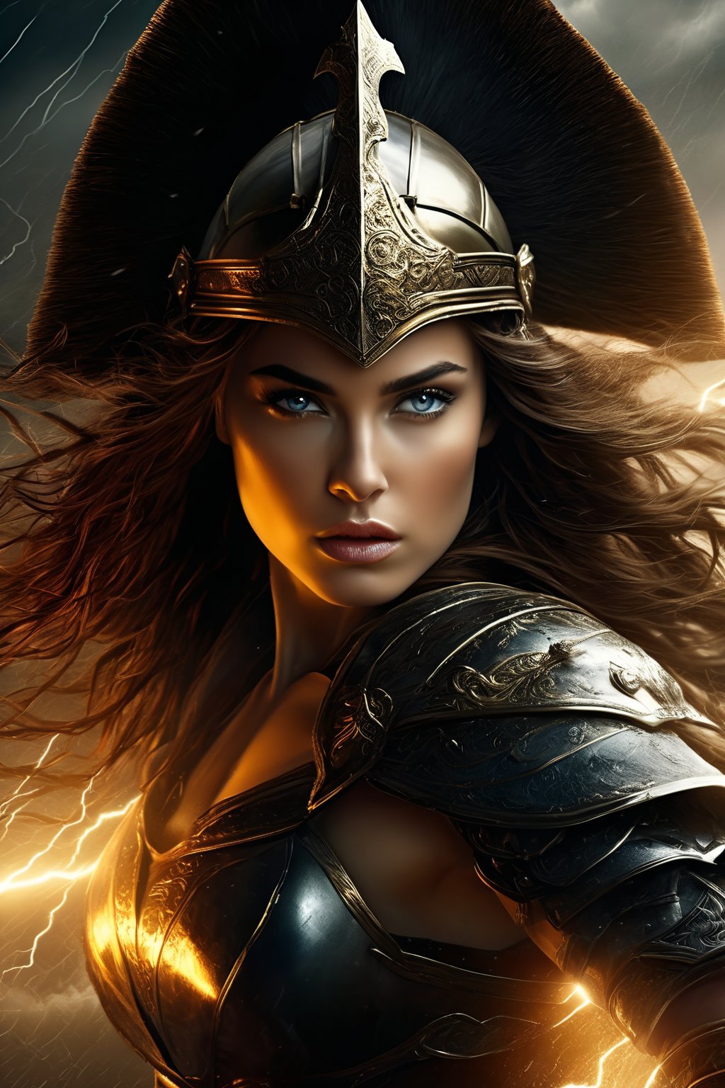 breathtaking illustration of beautiful young (sexy:2.0) brave irish female warrior with helmet, sword and shield coming out from storm with thunder and lightning, alluring, (perfect eyes:2.0), (perfect hands:2.0), evocative dynamic action pose . dark and moody style, Splash art, sharp focus, focus on eyes, hyperrealistic, volumetric lighting, dramatic lighting, cinematic lighting, exquisite details, highly detailed, UHD, 64k resolution