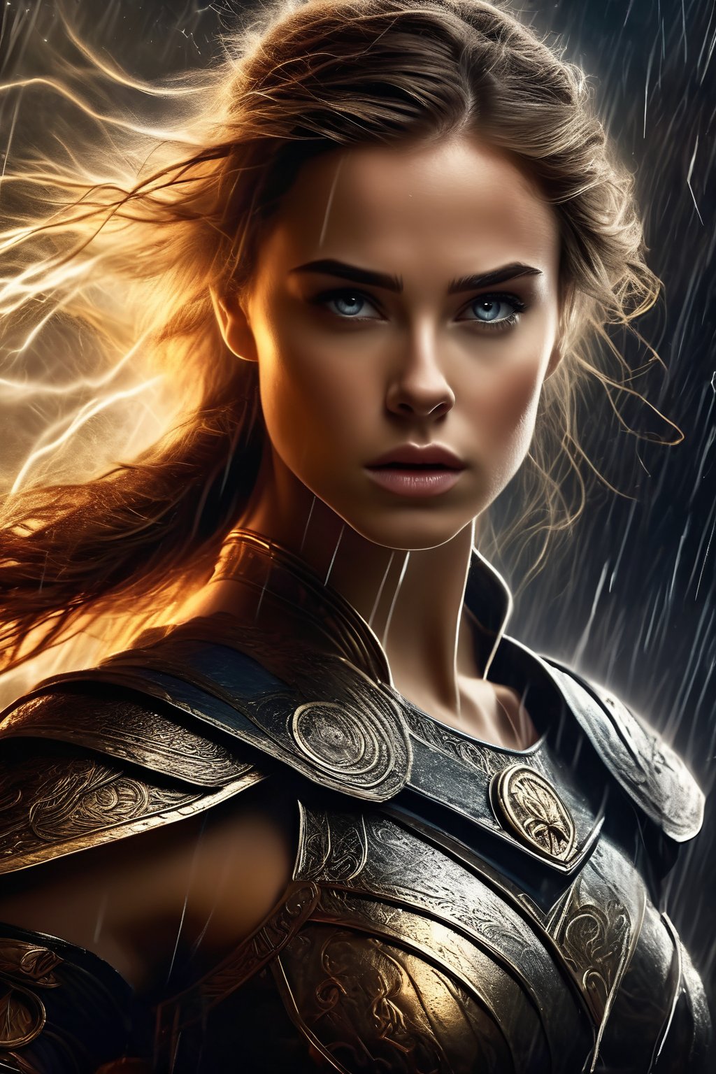 breathtaking illustration of beautiful young (sexy:2.0) brave irish female warrior coming out from storm with thunder and lightning, alluring, (perfect eyes:2.0), (perfect hands:2.0), evocative dynamic action pose . dark and moody style, Splash art, sharp focus, focus on eyes, hyperrealistic, volumetric lighting, dramatic lighting, cinematic lighting, exquisite details, highly detailed, UHD, 64k resolution