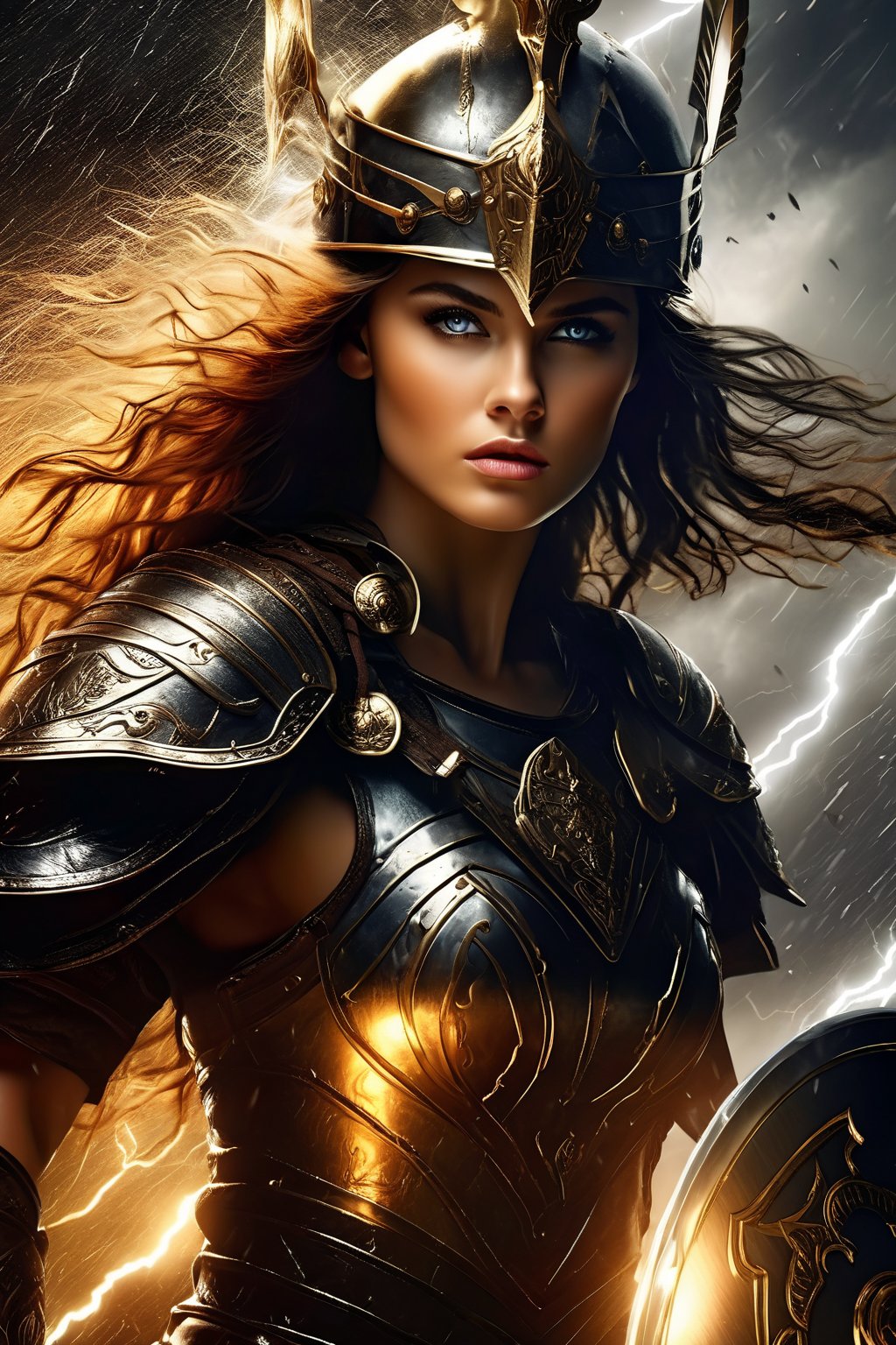 breathtaking illustration of beautiful young (sexy:2.0) brave irish female warrior with helmet, sword and shield coming out from storm with thunder and lightning, alluring, (perfect eyes:2.0), (perfect hands:2.0), evocative dynamic action pose . dark and moody style, Splash art, sharp focus, focus on eyes, hyperrealistic, volumetric lighting, dramatic lighting, cinematic lighting, exquisite details, highly detailed, UHD, 64k resolution