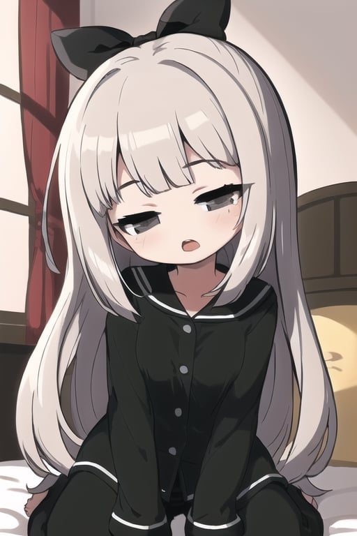 masterpiece, best quality, solo, 1girl, ((front_focus)),

open_mouth, ((long_hair)), small_breasts, (white_hair), black_eyes, wavy hair, Sleepy_face, head_tilt, wariza, 

black_pajama, black_BackHairRibbon, bedroom,