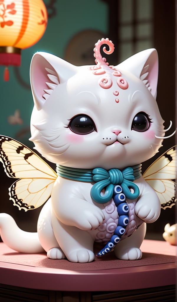 Solo, Long Sleeves, Nobody, Depth of Field, Chinoiserie, White Cat with Butterfly Wings, Butterfly Tentacles on Head, Octopus Tentacles on Front Pawls, Animal Focus, Beard, Clothed Animal, Soft Lighting, Kawaii, Fat, Surreal, 8k, Mellow, Multi-tentacles, Clothes Chinoiserie
