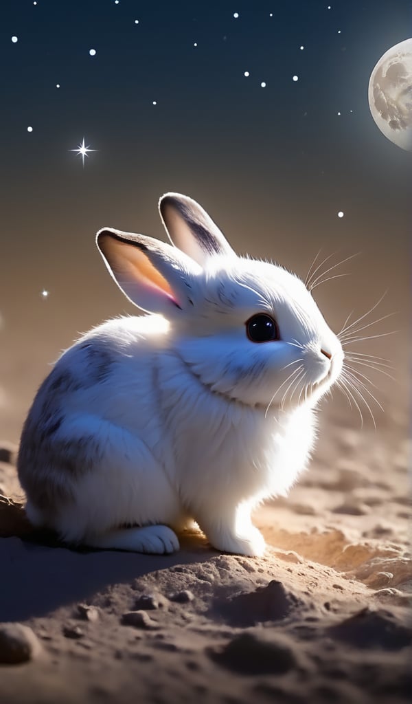 No humans, depth of field, Chinese wind, rabbit looking at the moon, moon background, milky way sky, night, rabbit on the ground, soft moonlight, kawaii, fat
