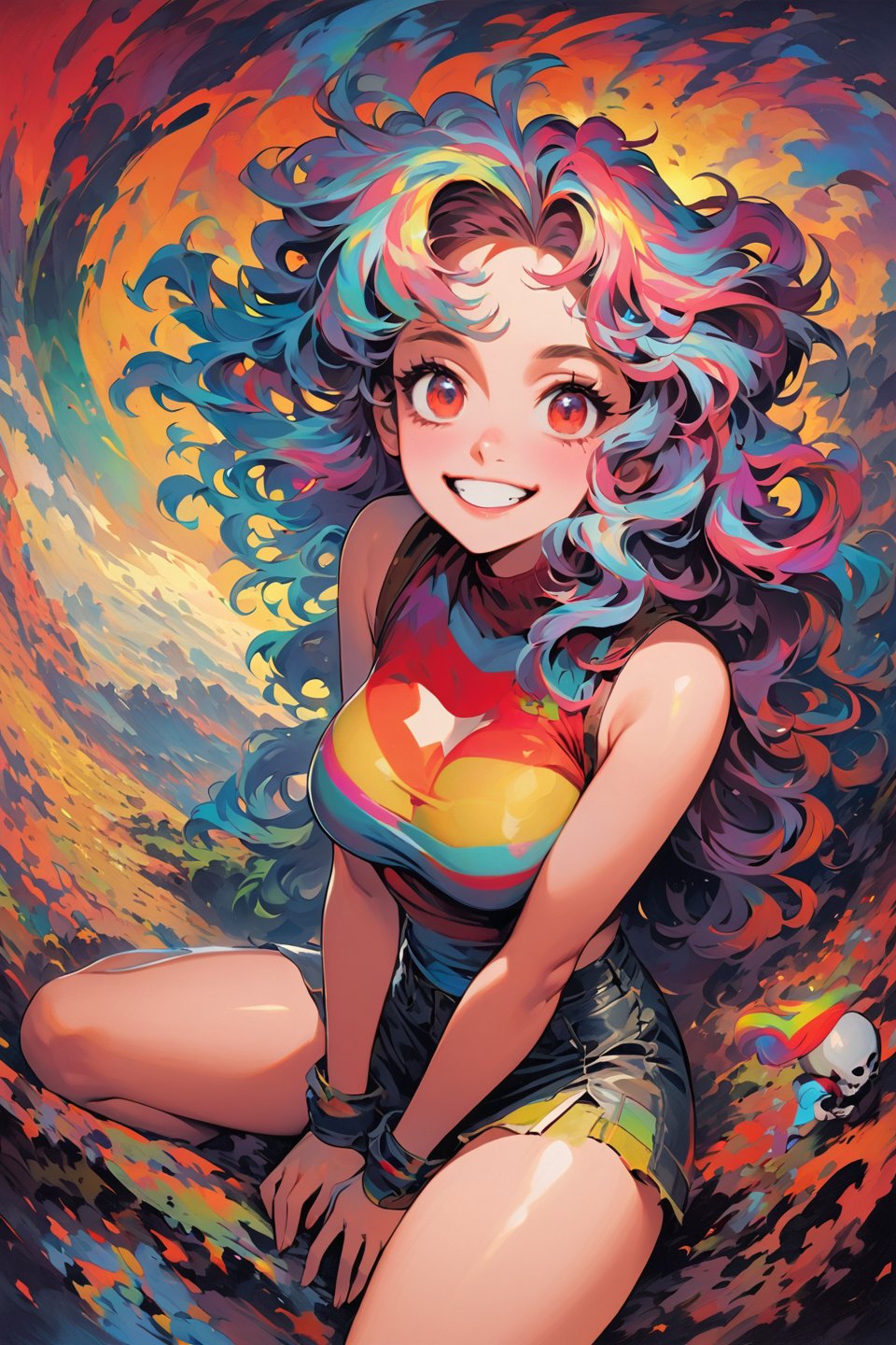 Stoner Girl's Rave Revelation: A 1990s-inspired oil painting featuring a solo female subject with short, wavy hair and rainbow-colored locks. She sits in a surreal atmosphere, sans background, with her mouth agape, red eyes gleaming from the effects of marijuana. Her awesome bosom is showcased beneath a sleeveless top, as she laughs maniacally with a psycho grin. Fisheye lens distortion adds to the dreamlike quality, while heavy brushstrokes and traditional media evoke a sense of retro artistry.