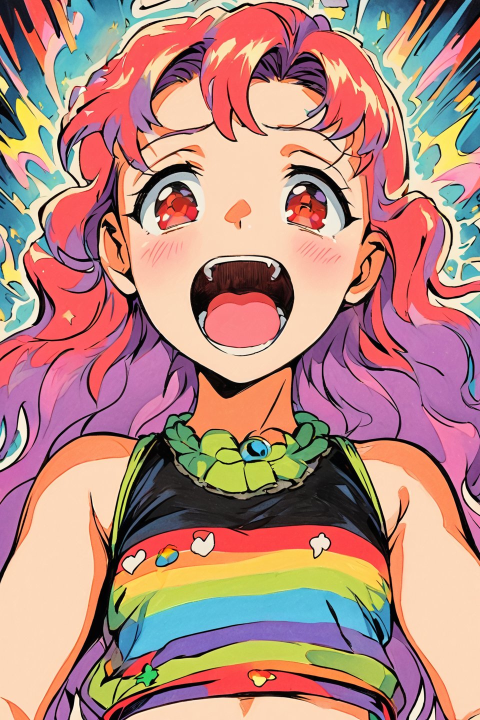 ((Without background)),(chillout Smoking marijuana,open mouth,stoner girl),1girl,solo,(1990s rave style),retro artstyle),(rainbow colored hair),(sexual sleeveless tops),(red eyes,psycho laughing, Bloodshot eyes from the effects of marijuana),(short wavy hair),(upper body,looking at viewer,fisheye lens),(heavy oil painting,traditional media,),