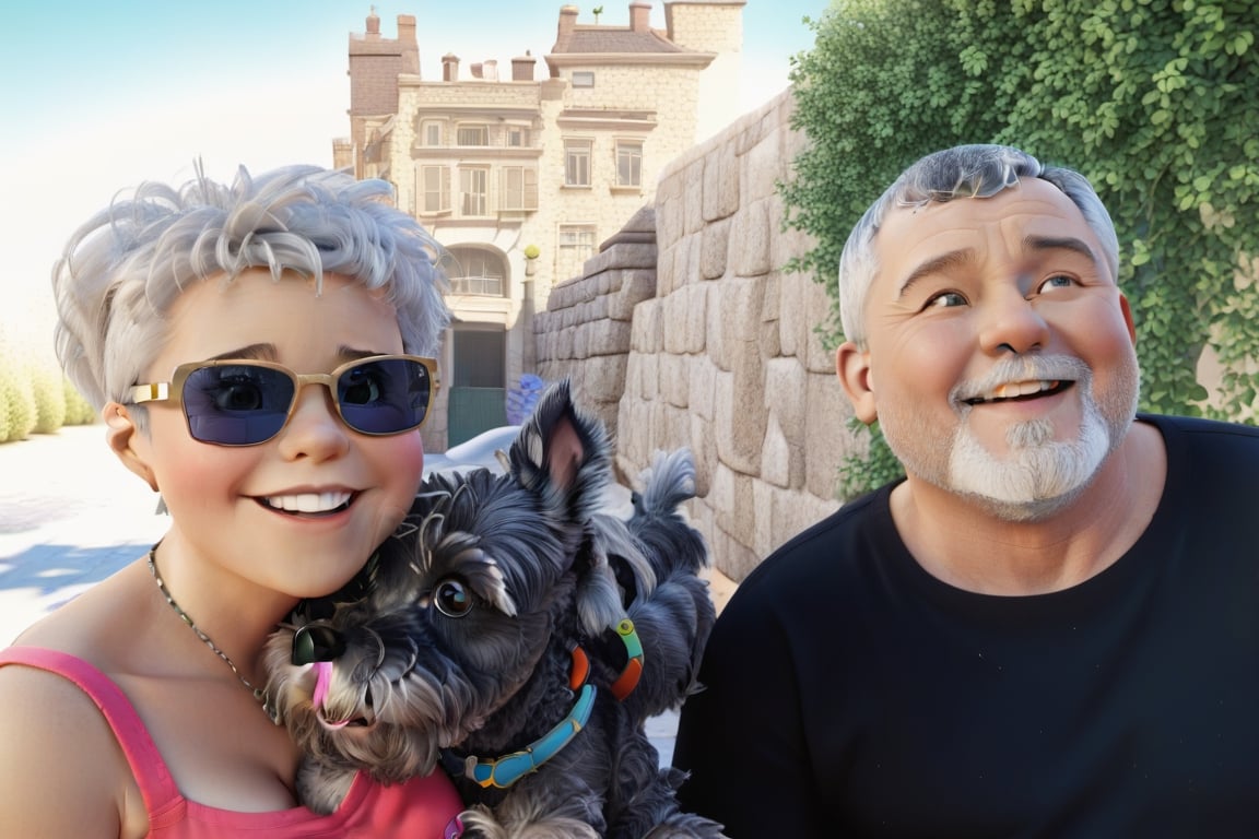 baby, happy, boy, girl, strong colors, Pixar style cartoon, 3D, humorous , funny, hyper-detailed, high resolution, SCHNAUZER, GOLDEN