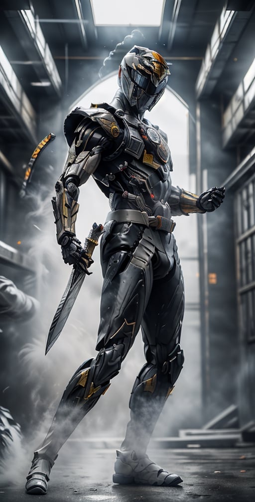 black armor suit (Dragon theme with metal claws and tail), photographic super realistic masterpiece 4K HDR quality image,holding swordborn,perfecteyes,samurai Male armor suit,RRS,WARFRAME,futubot ,black-smoke,Kamen_Rider_Black_RX, full_body, looking_at_viewer,White_Ranger
