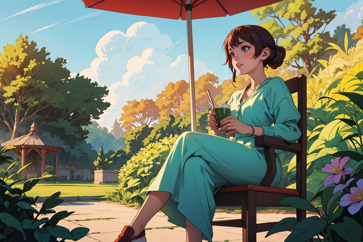 a princess sitting on a chair in the royal garden, drinking tea, dramatic lighting, godray, lightray, warm colors