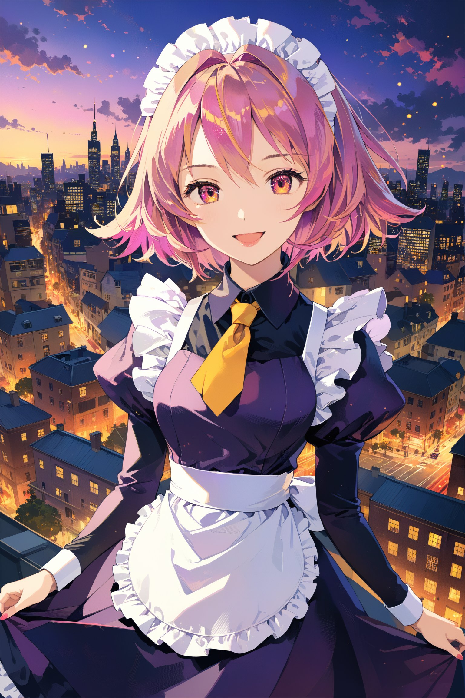 Very beautiful girl  masterpiece, illustration, extremely detailed, beautiful detailed eyes, beautiful detailed mouth, warmly smile, golden hair, (bright colors:1.4), city on background , 1girl, solo, dark purple maid dress, white apron, white maid headband, yellow double necktie, puffy sleeve, long sleeve, dark pink hair, sidelock, short hair, dark pink eyes