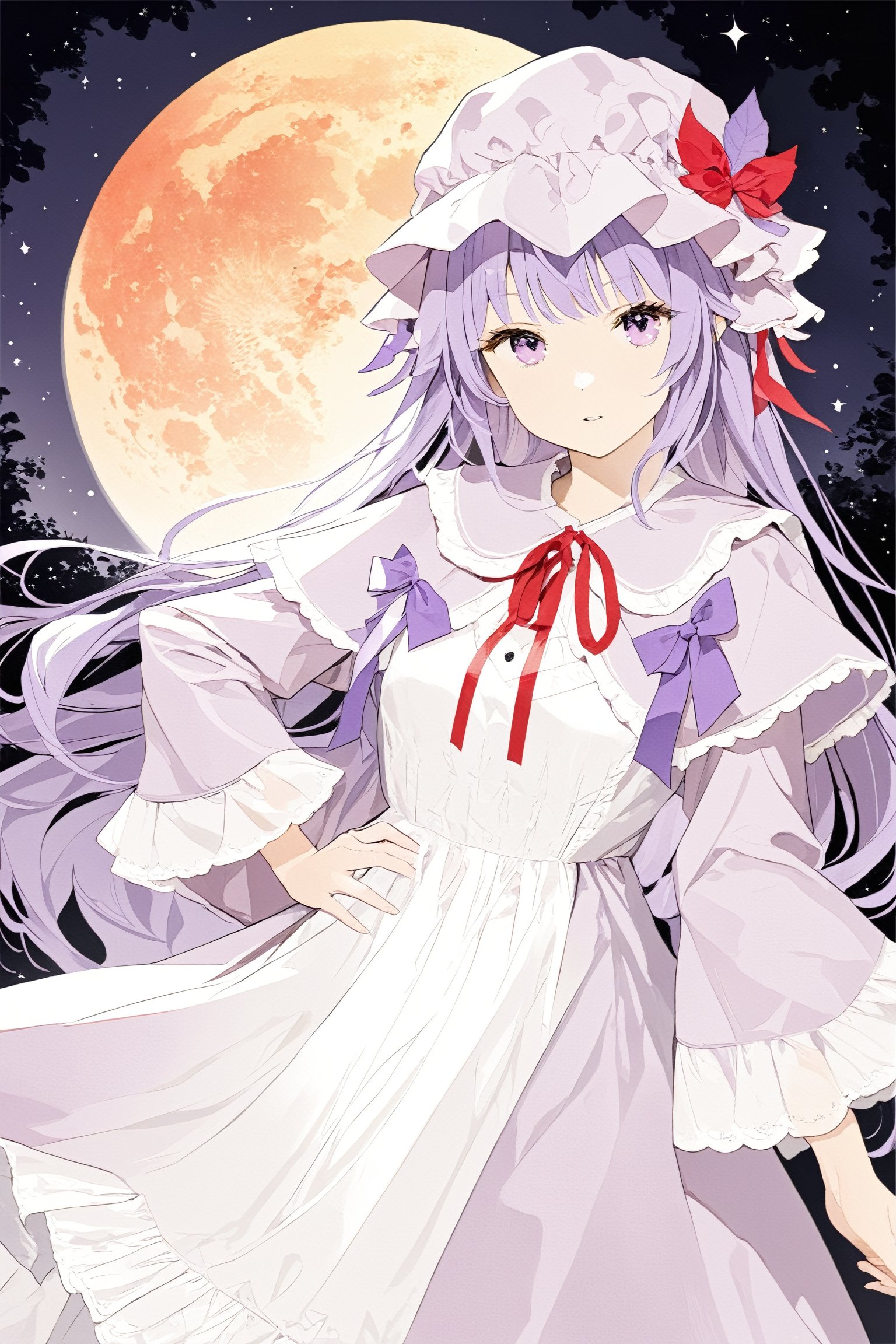 , cowboy shot, , high contrast, perfect details, intricate details, art_booster, masterpiece, best quality, official art, ,1girl, solo, light purple dress, yellow moon as a hair ornament, llight purple hat, blue and red ribbons, long sleeve, purple hair, (long sidelock:1.4), very long hair, purple eyes, , ,patchouli knowledge