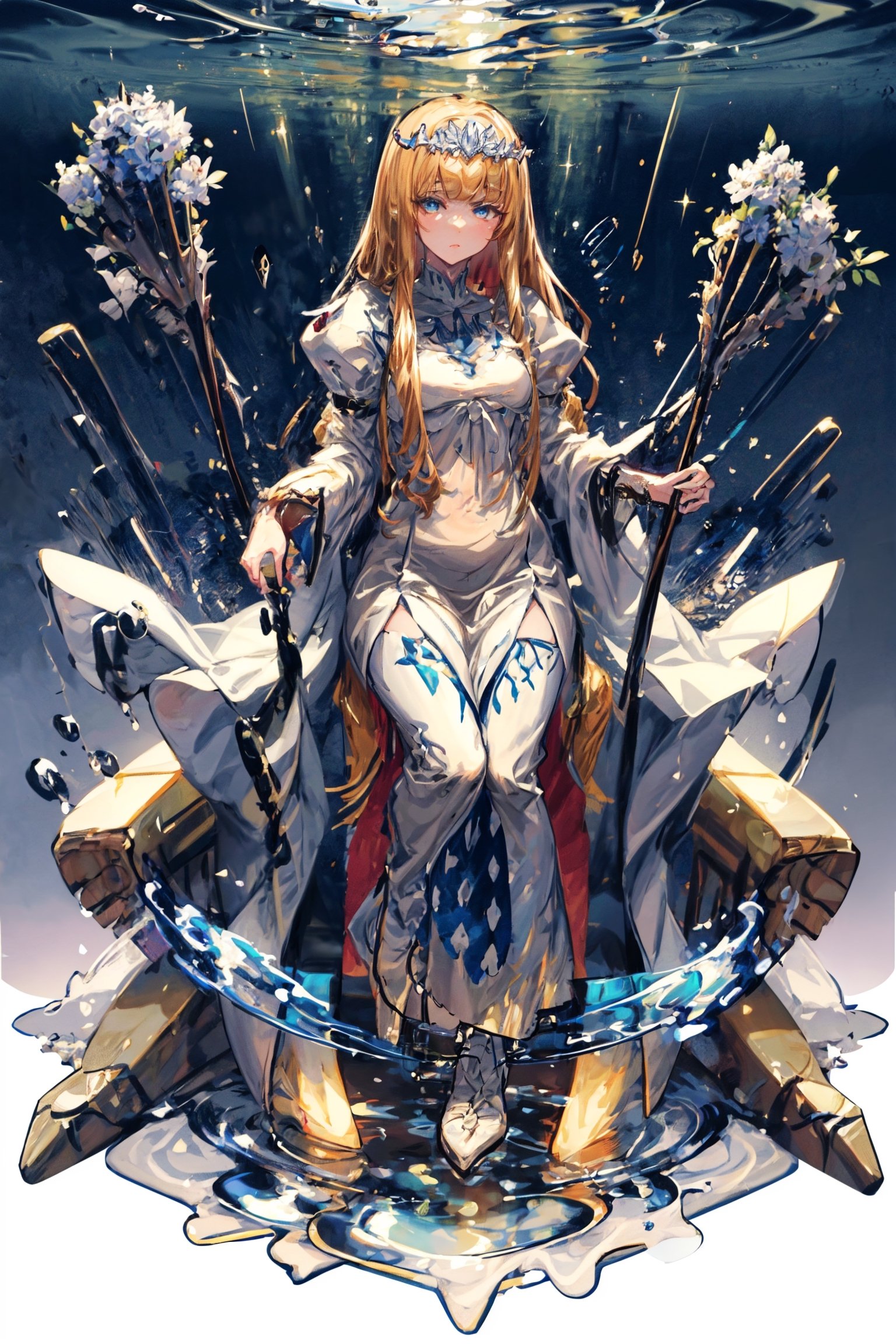 full body,  , ultra-high resolution,8k, Hdr,sitting on the throne, splash art, 1girl, solo, Calca, , , blonde hair, medium chest, extremely long hair, very long hair, extra long hair, white tiara, white dress, blue eyes,