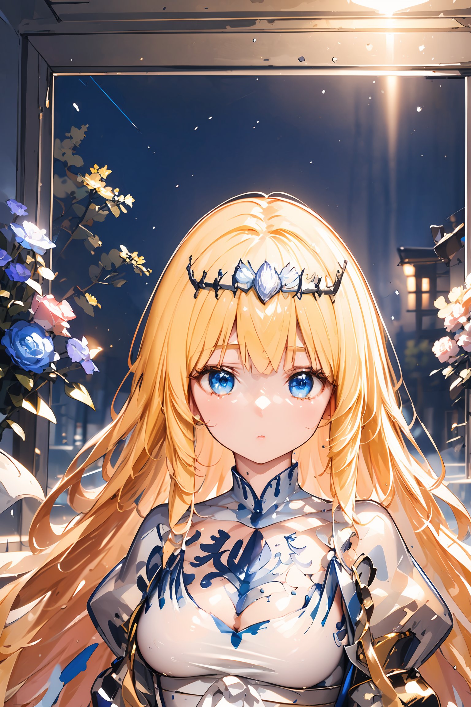 masterpiece, best quality, ultra detailed, extremely detailed, wallpaper (surrounding with blue flames, night, indigo flowers, water, flow, volumetric light, fantasy environment),  1girl, solo, Calca, Calca Bessarez, blonde hair, (extremely long hair:1.3), very long hair, white tiara, white dress, blue eyes, medium chest, medium breast, yellow hair color