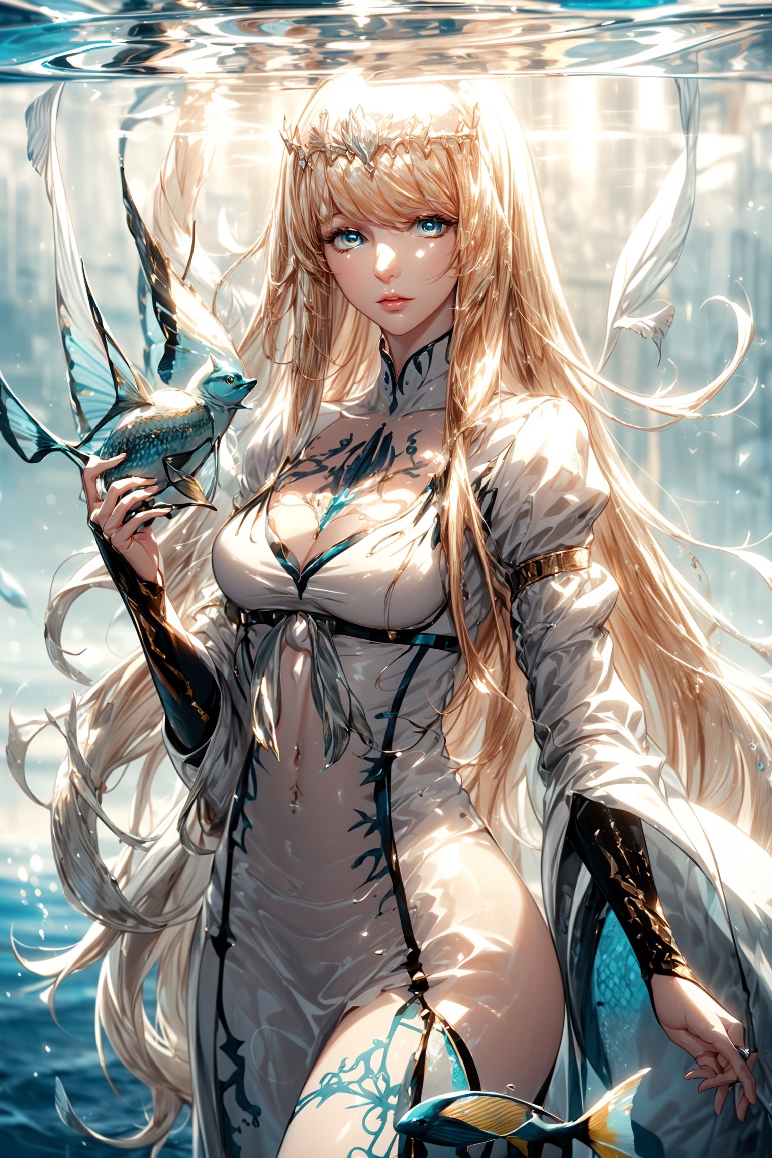 dreamlike artwork that combines elements of an "Ocean Girl" with fantasy.  surrounded by fish., under water theme, 1girl, solo, Calca, , ,blonde hair, , medium chest, extremely long hair, very long hair, extra long hair, white tiara, white dress, blue eyes,