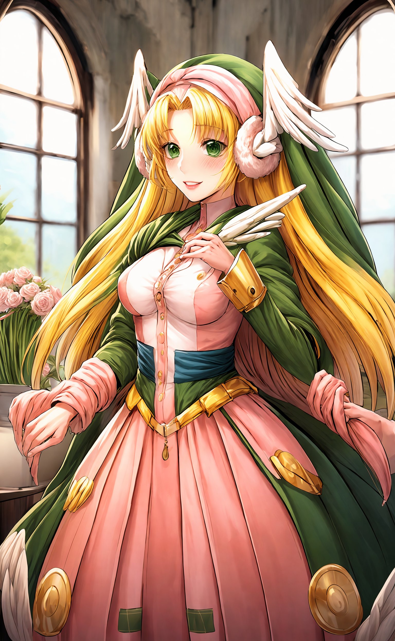 masterpiece, best quality, , looking at viewer, blush, smile, standing, (indoors, flower shop),  lips,  window, roses, daisies, denim, flowers, ,  medium chest, Divine Chant, 4th Seat of the Black Scripture, blonde hair, green eye, (pink dress:1.2), green hood, very long hair, 1girl, solo, angelwing-shaped earmuffs