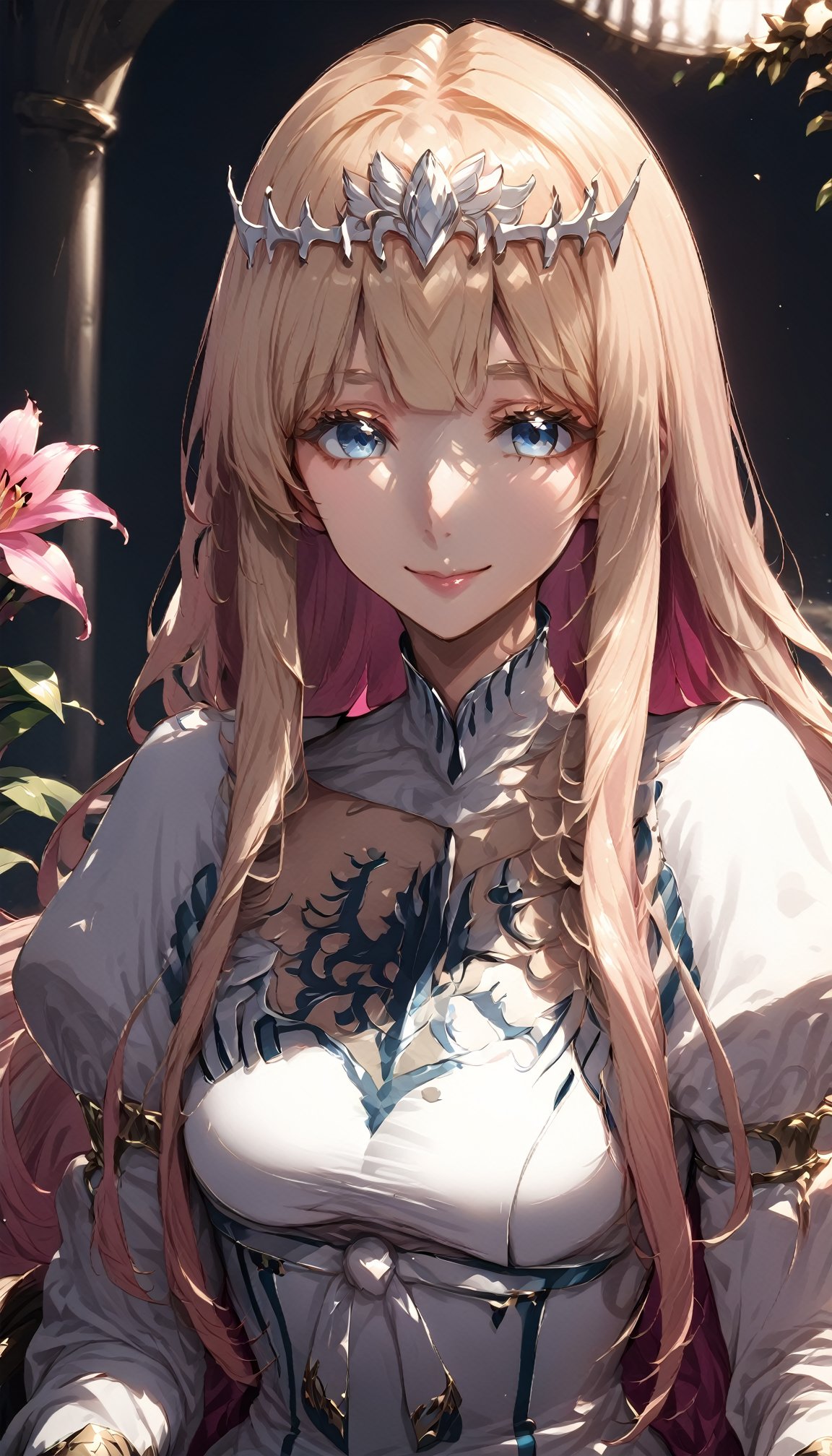 looking at the viewer,  charming smile, upper body, flower, female focus, solo focus, sitting on the chair, pink lily\(flower\), hands perspective, kabe pause,more detail XL,mirham, 1girl, solo, Calca, Calca Bessarez, blonde hair, (extremely long hair:1.3), very long hair, white tiara, white dress, blue eyes, medium chest,extremely long hair