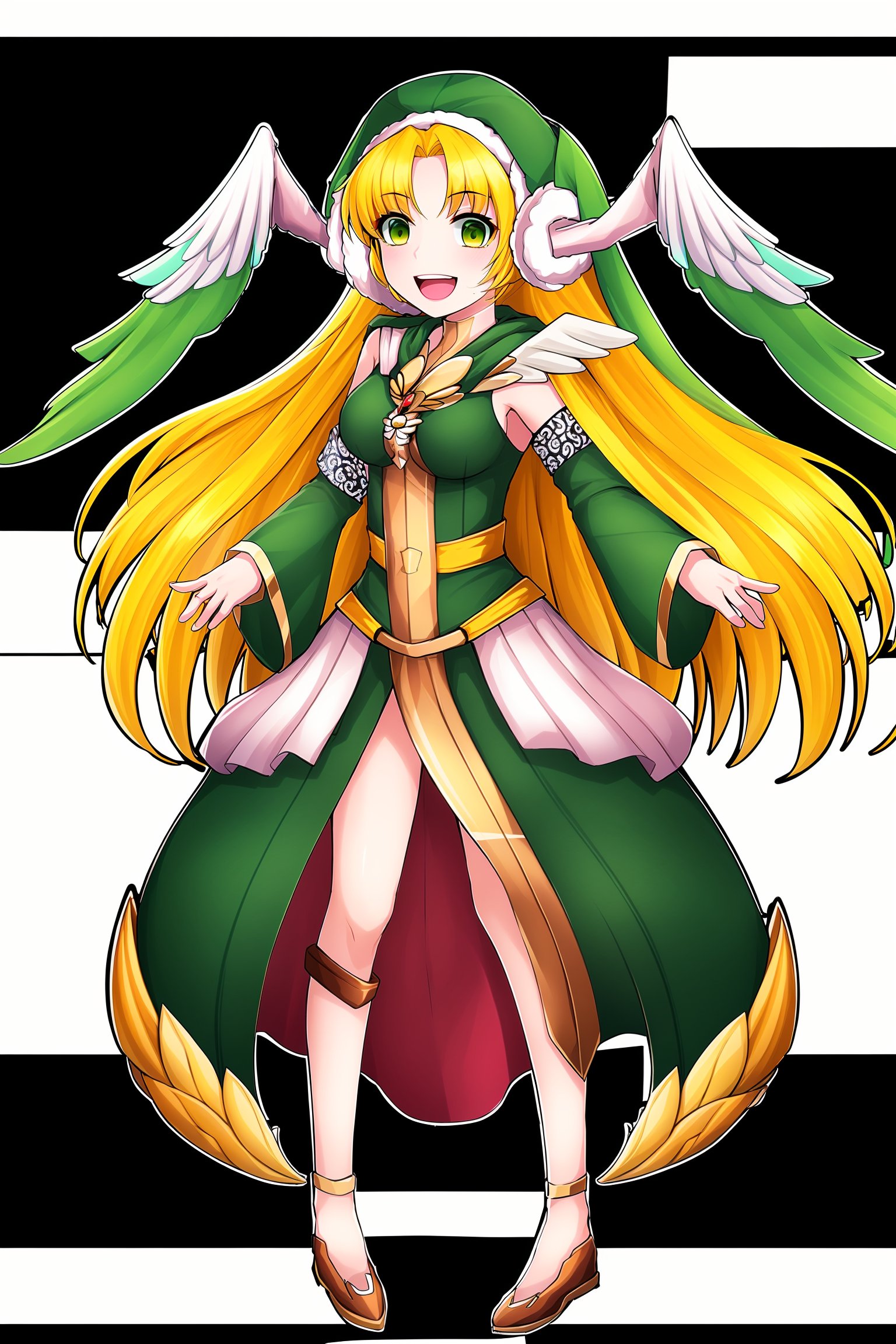 looking at viewer, smile, open mouth, standing, floating hair, , high leg, outstretched arms, 1girl, Divine Chant, 4th Seat of the Black Scripture, blonde hair, green eye, pink dress, green hood, very long hair, 1girl, (white angelwing-shaped earmuffs:1.3),, (yellow hair color:1.2)