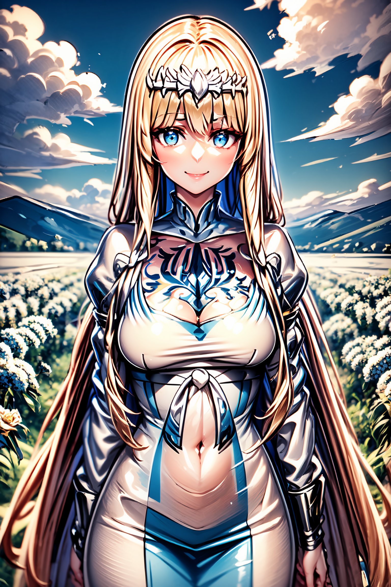 masterpiece, best quality, looking at the viewer, gentle smile, clouds, blue sky, flower field,  Enhance, best body posture,, elegant, Extremely Realistic, 1girl, solo, Calca, Calca Bessarez, blonde hair, (extremely long hair:1.3), very long hair, white tiara, white dress, blue eyes, medium chest,extremely long hair