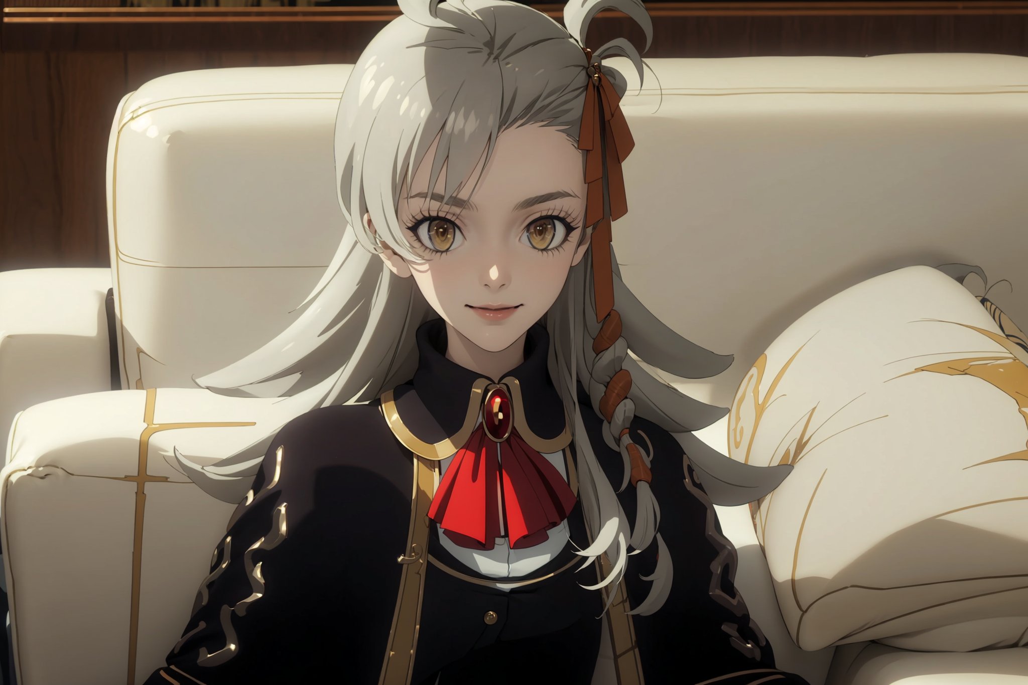 best quality, (masterpiece:1.2), detailed, (1girl,:1.3) solo, closed mouth, light smile,grey hair, yellow eyes, long hair, ahoge,  side braid, hair ribbon, black dress, black skirt, brooch, red ascot, capelet, white sleeves, black pantyhose,sitting, couch, looking at the viewer, indoors, close up, upper body