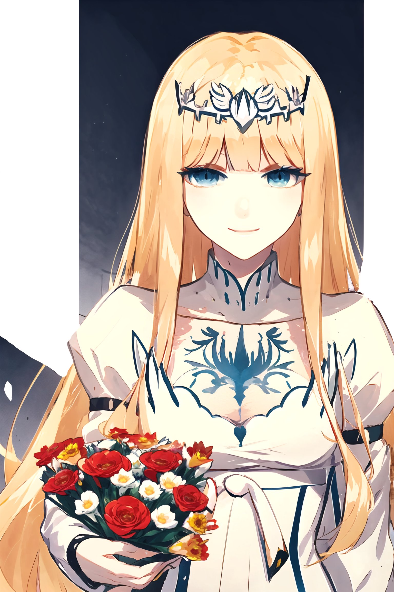 Hanahaki disease. smiling, flowers, red flowers,  1girl, solo, Calca, Calca Bessarez, blonde hair, (extremely long hair:1.4), very long hair, white tiara, white dress, blue eyes, medium chest, medium breast