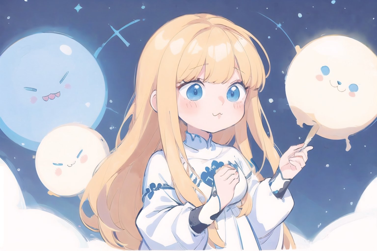 (cute illustration:1.4),(fuwafuwa illustration:1.3),masterpiece, 1girl, blonde hair,（Holding glowing stars in both hands：1.6）,better_hands, calca, extremely long hair, white dress, blue_eyes, long_sleeves, cute, child, adorable