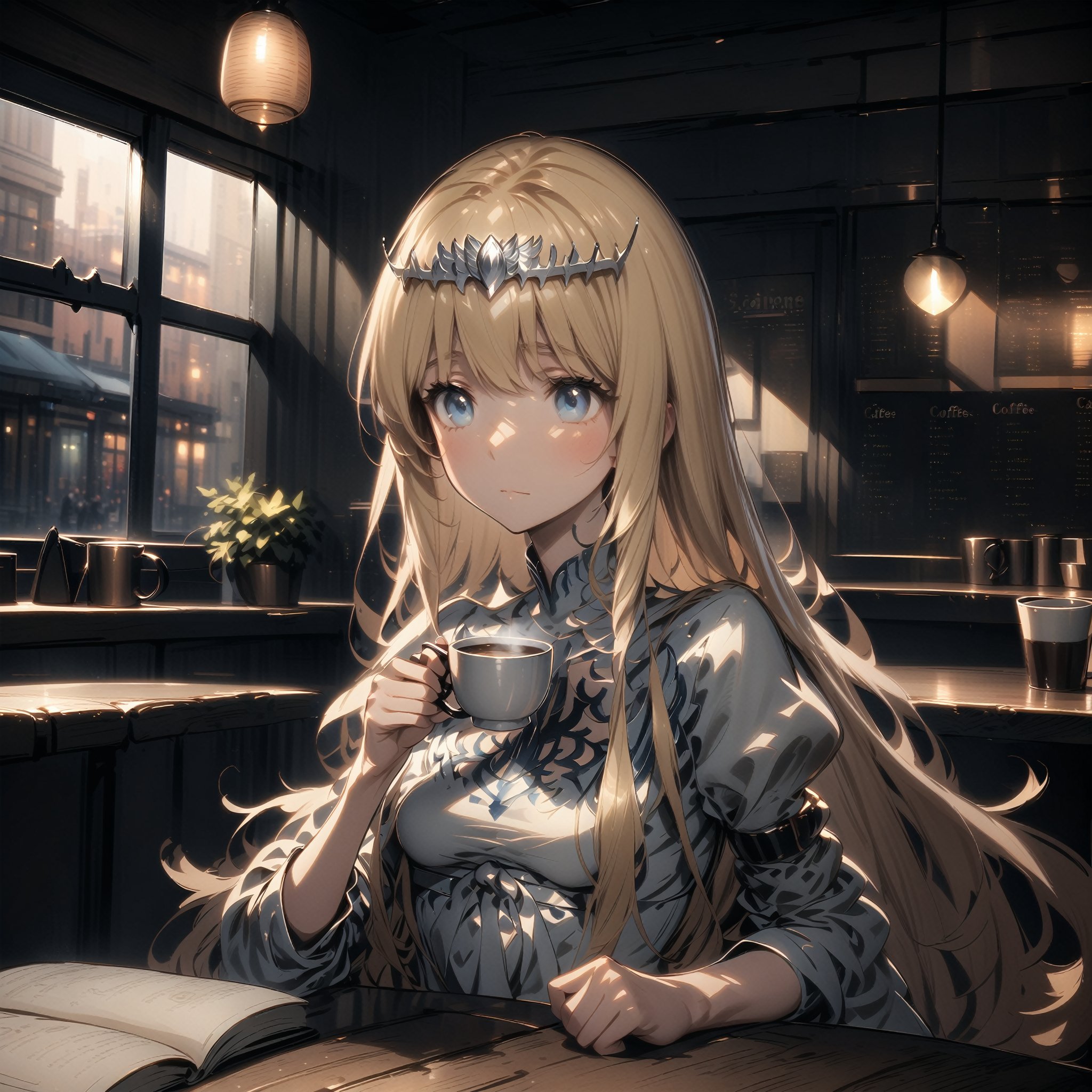 "A cozy coffee shop interior scene, warm lighting, wooden tables, patrons sipping coffee, soft background music, framed art on walls, steaming mugs, comfortable seating, morning ambiance.", 1girl, solo, Calca, Calca Bessarez, blonde hair, (extremely long hair:1.3), very long hair, white tiara, white dress, blue eyes, medium chest, extremely long hair, medium breast, close up,