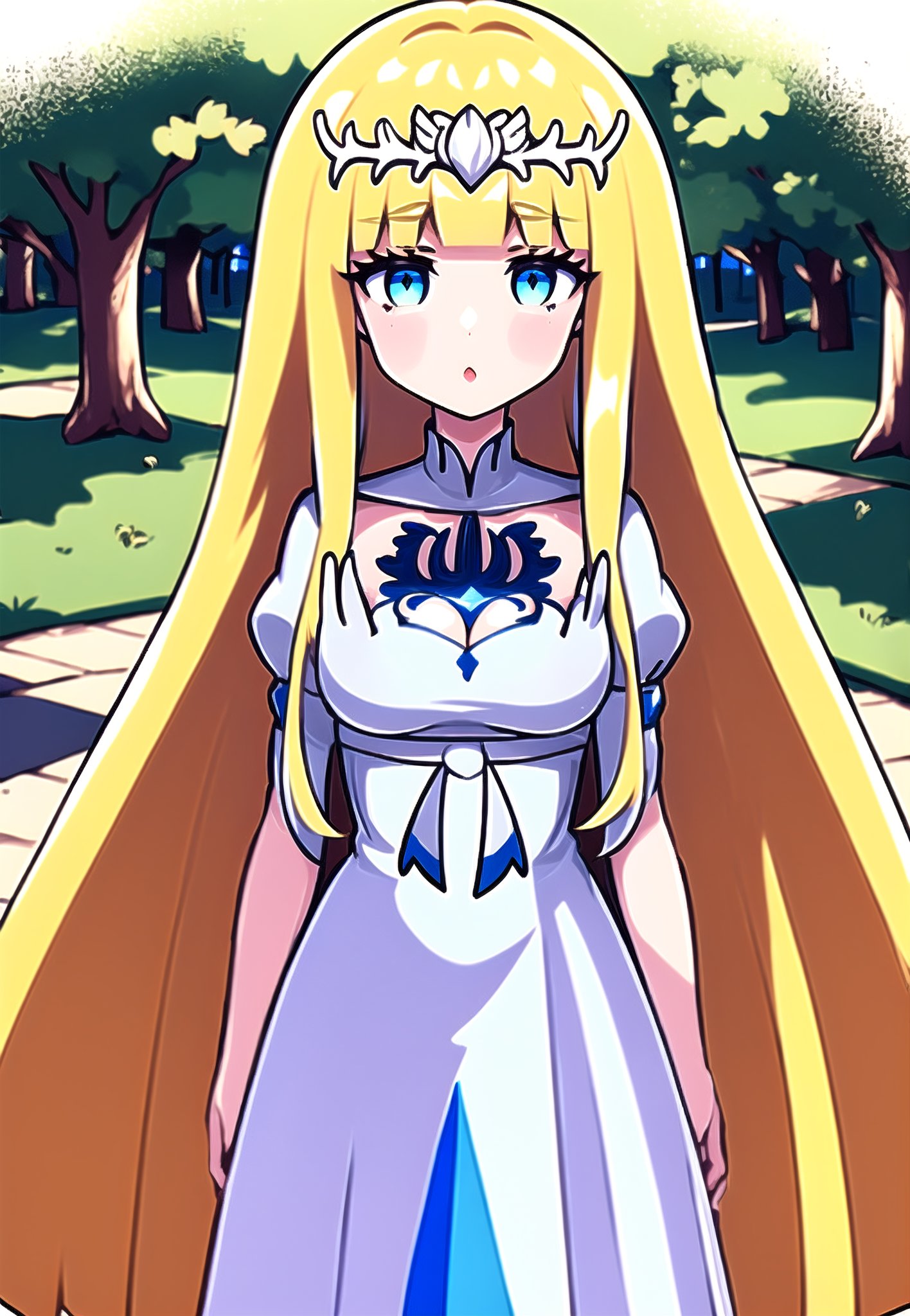 high quality,4k quality, high resolution, in a park,  1girl, solo, Calca, Calca Bessarez, blonde hair, (extremely long hair:1.3), very long hair, white tiara, white dress, blue eyes, medium chest, bangs, blunt bangs