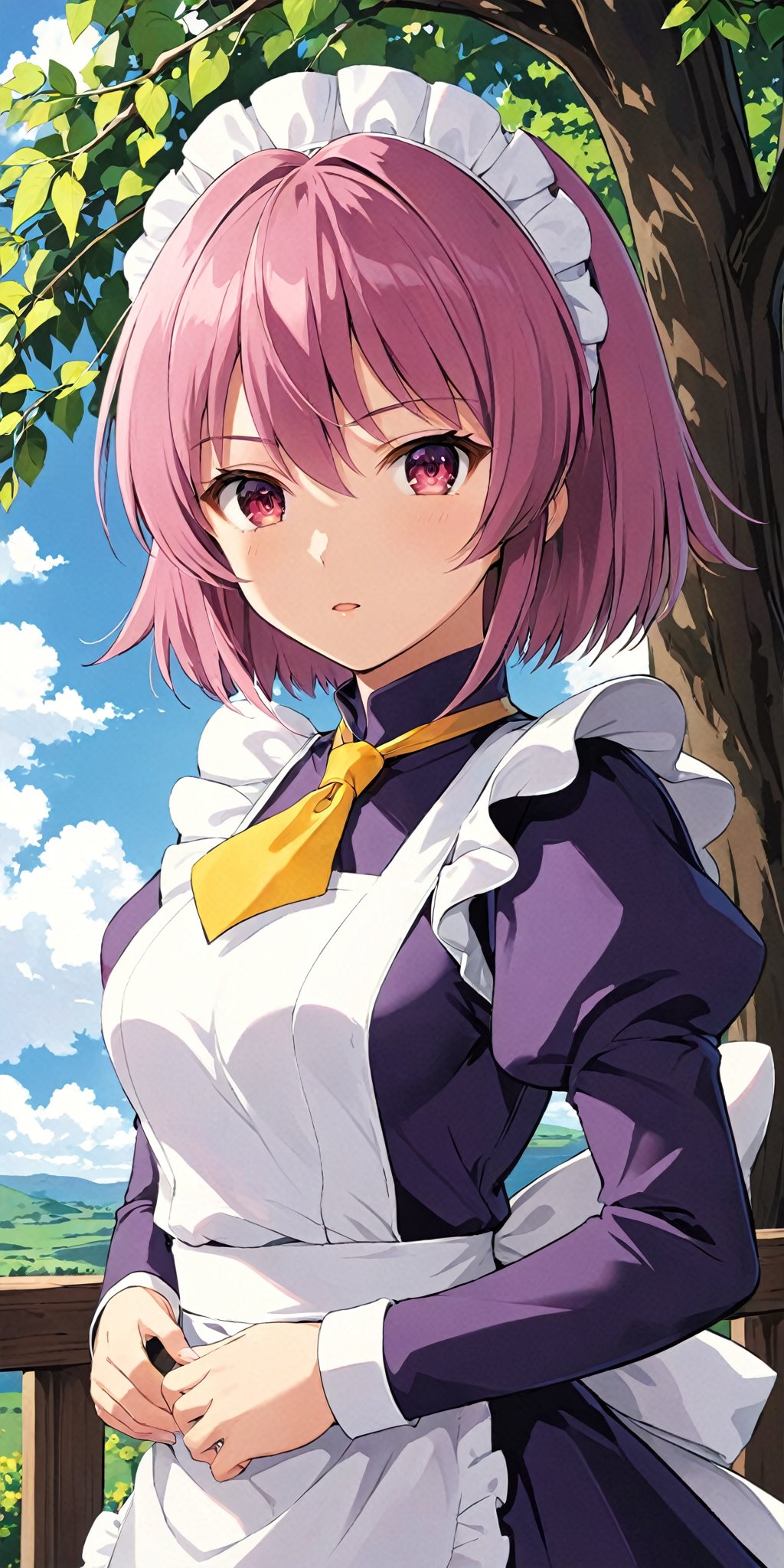 looking at viewer, ,  upper body, , ahoge, female focus, outdoors, ,1girl, solo, dark purple maid dress, white apron, white maid headband, yellow double necktie, puffy sleeve, long sleeve, dark pink hair, (sidelock:1.3), short hair, dark pink eyes