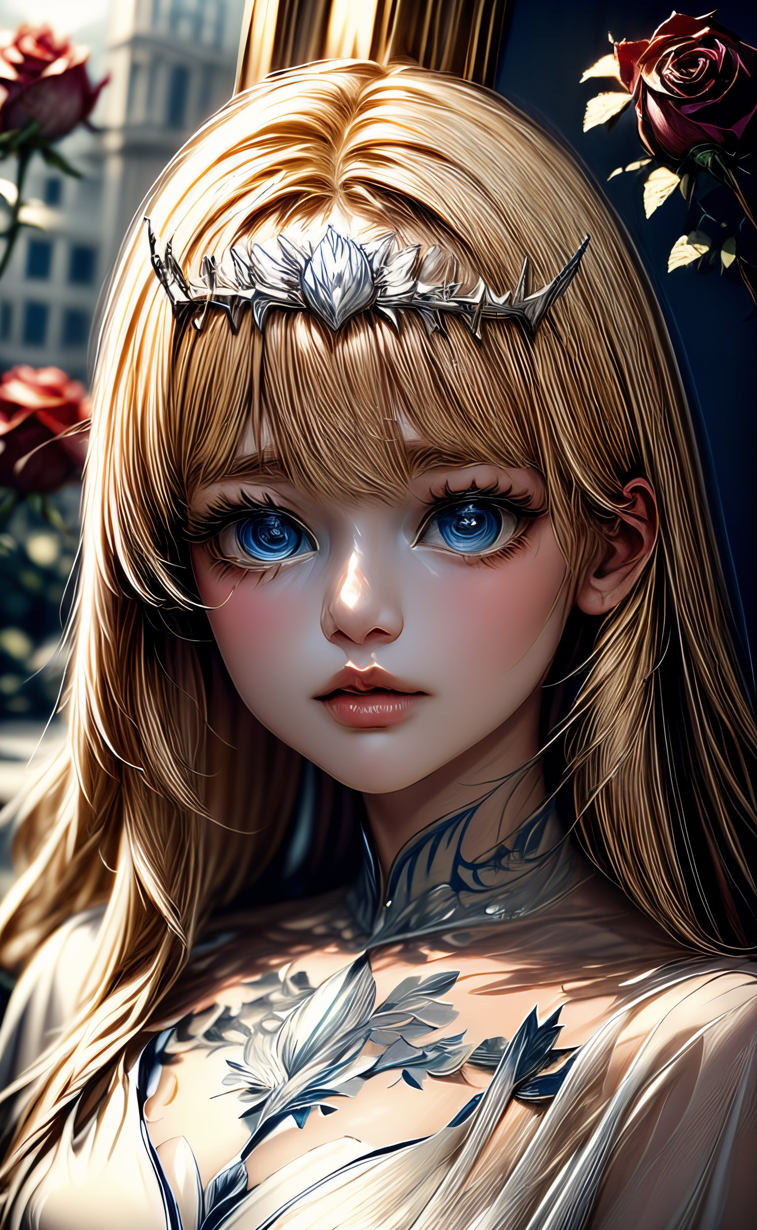 beautiful, formal, , sultry, smokey, ((roses)), , shadows, portrait, leonardo, style,  1girl, solo, Calca, Calca Bessarez, blonde hair, (extremely long hair:1.3), very long hair, white tiara, white dress, blue eyes, medium chest,extremely long hair