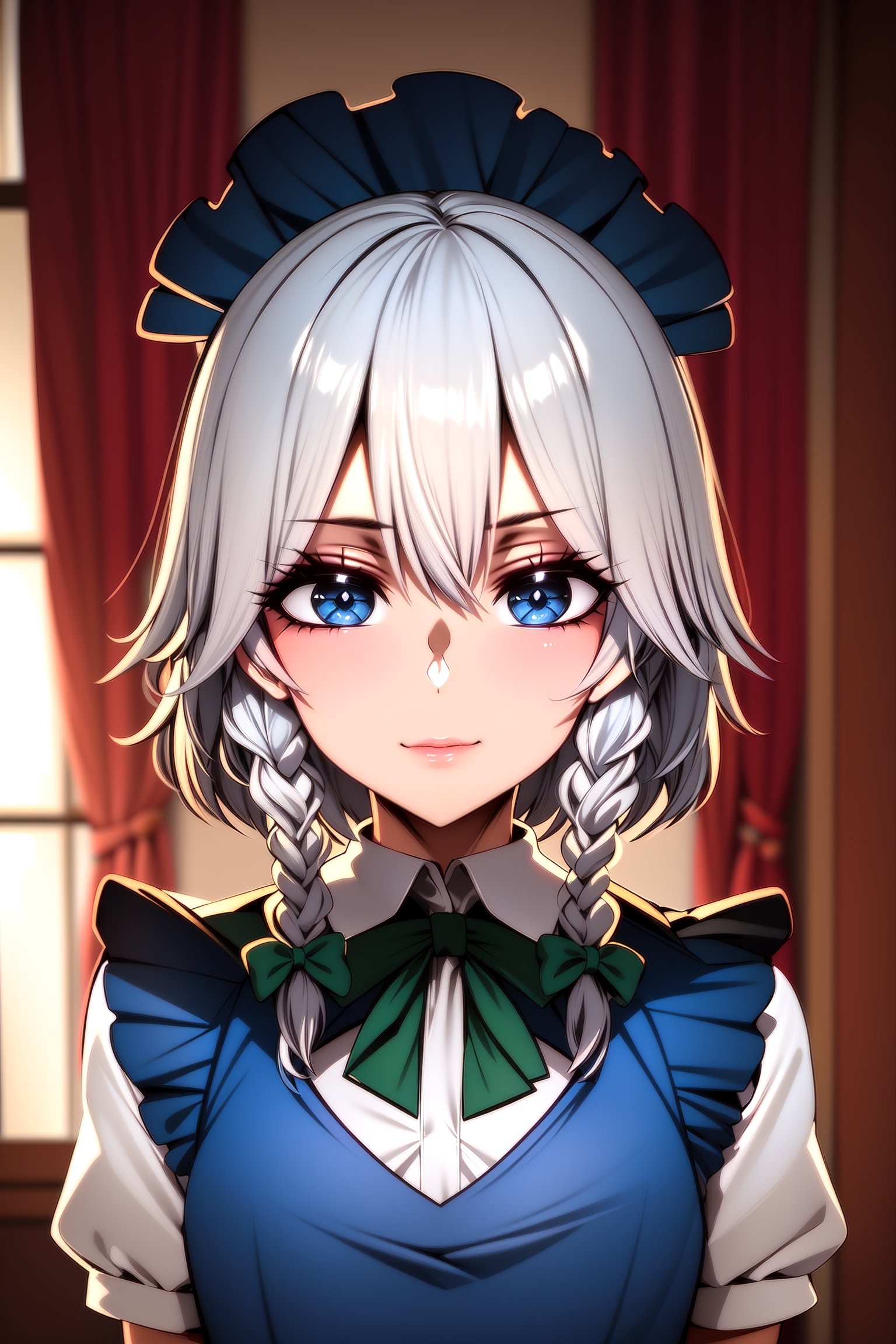 1girl, solo. gothic victorian style mansion background, indoor, she wears a fancy maid uniform,, full body character, wink. masterpiece. , masterpiece, Leering, solo, izayoi_sakuya_touhou, , , silver hair, maid dress, white apron, very short skirt,, sleeveless outfit, detailed face, detailed eyes, fresh blue eyes, big green ribbons, blue outfit, double braids, small green ribbons