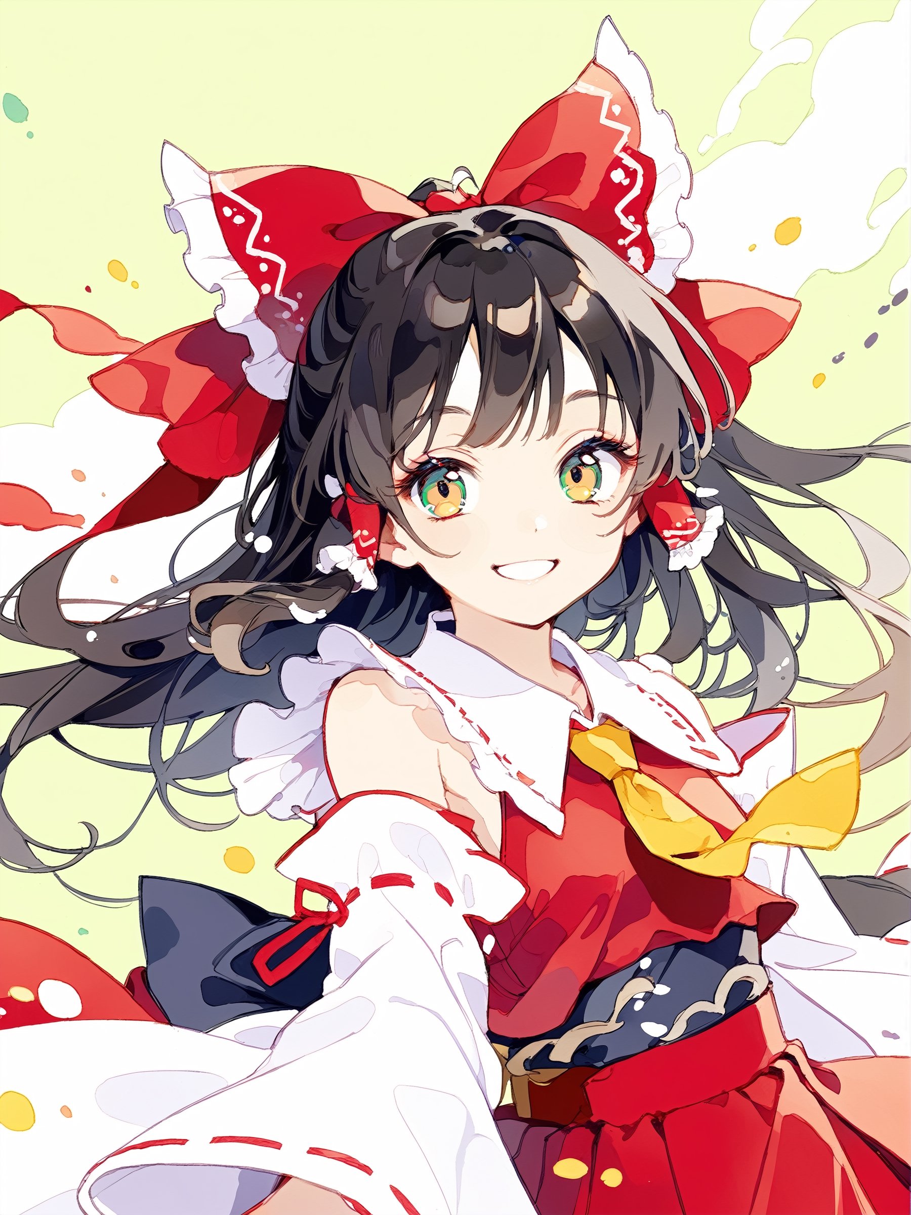 //quality
masterpiece, best quality, aesthetic, 
//Character
1girl, (beautiful eyes:1.0), big eyes, detailed eyes, long hair, big red ribbon, two side locks, 
(smile:1.3), yellow eyes, brown hair, Japanese cloth, detached sleeves, yellow tie, reimu, reimu hakurei

//Background 
(watercolor:0.5), green background, paint splash, ,hakurei reimu