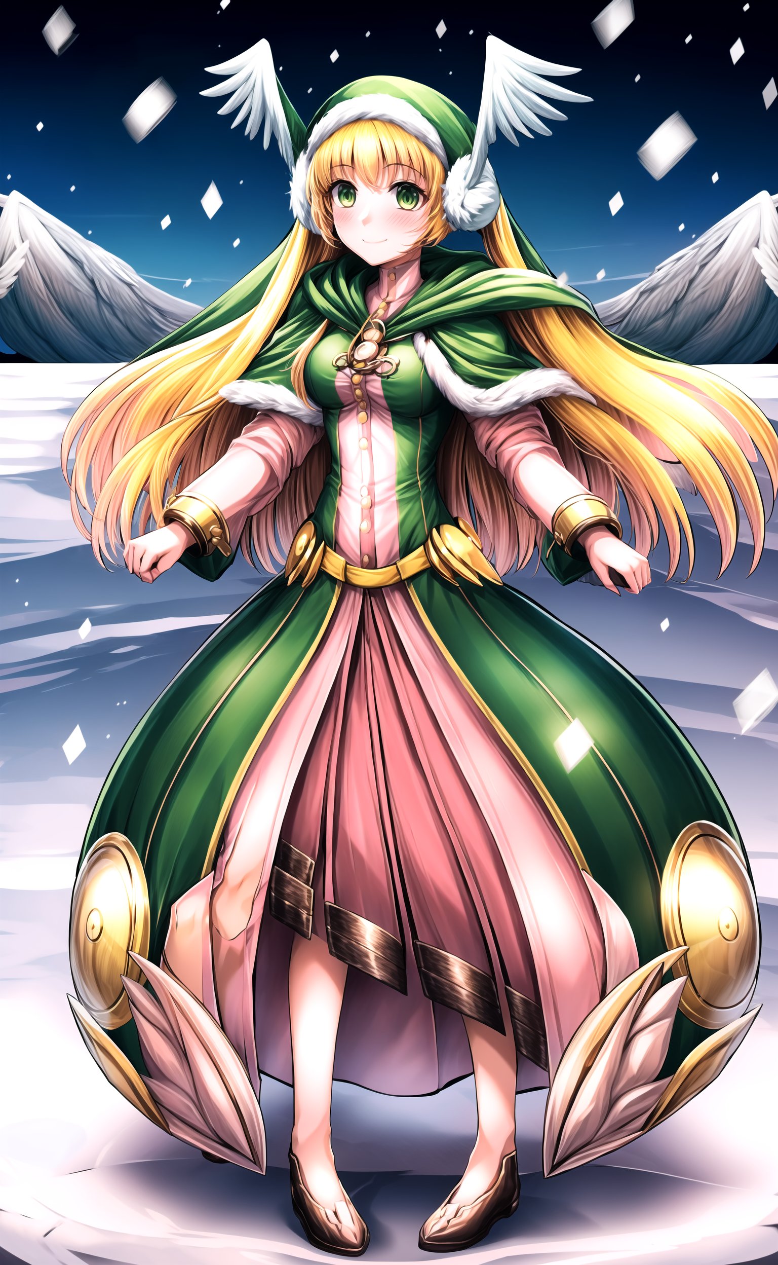 beautiful, skinny, looking at the viewer, blush, smirk smile, standing in the snow, ,(full body shot), (dynamic pose), outdoors, winter, snow, snowy scene, windy, snowing, mountains,  solo focus, tareme-eyes, medium chest, Divine Chant, 4th Seat of the Black Scripture, blonde hair, green eye, (pink dress:1.2), green hood, very long hair, 1girl, solo, angelwing-shaped earmuffs