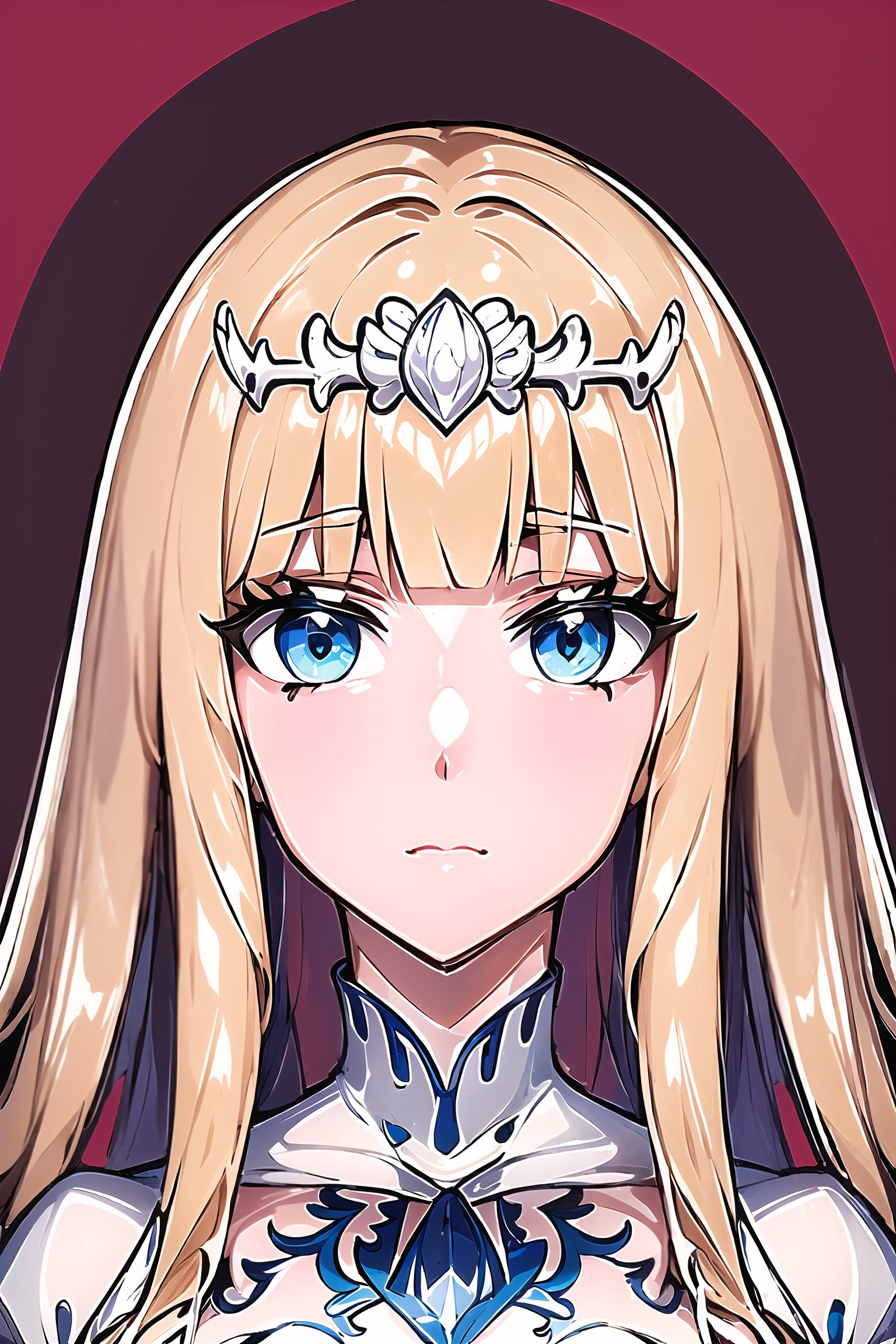 masterpiece, best quality, ultra-detailed, 8k, (detailed background, complex background:1.2), (perfect face, detailed face),  1girl, solo, calca, blonde hair, medium chest, (extremely long hair:1.3), very long hair, extra long hair, white tiara, white dress, blue eyes,Calca Bessarez,medium breast,Calca