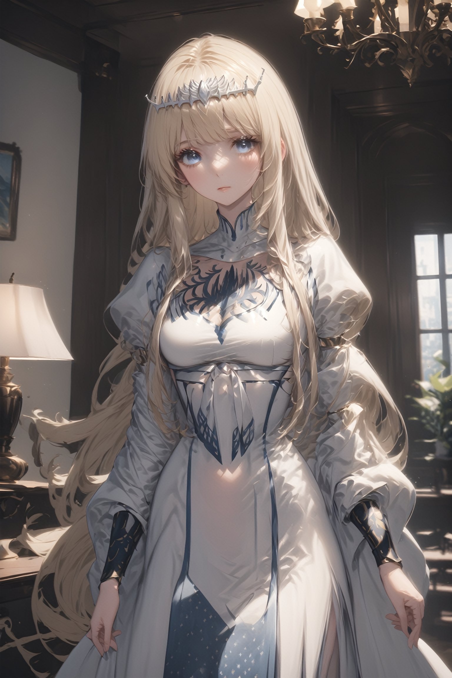  looking at viewer, , indoors, ,1girl, solo, Calca, Calca Bessarez, blonde hair, (extremely long hair1.3), very long hair, white tiara, white dress, blue eyes, medium chest