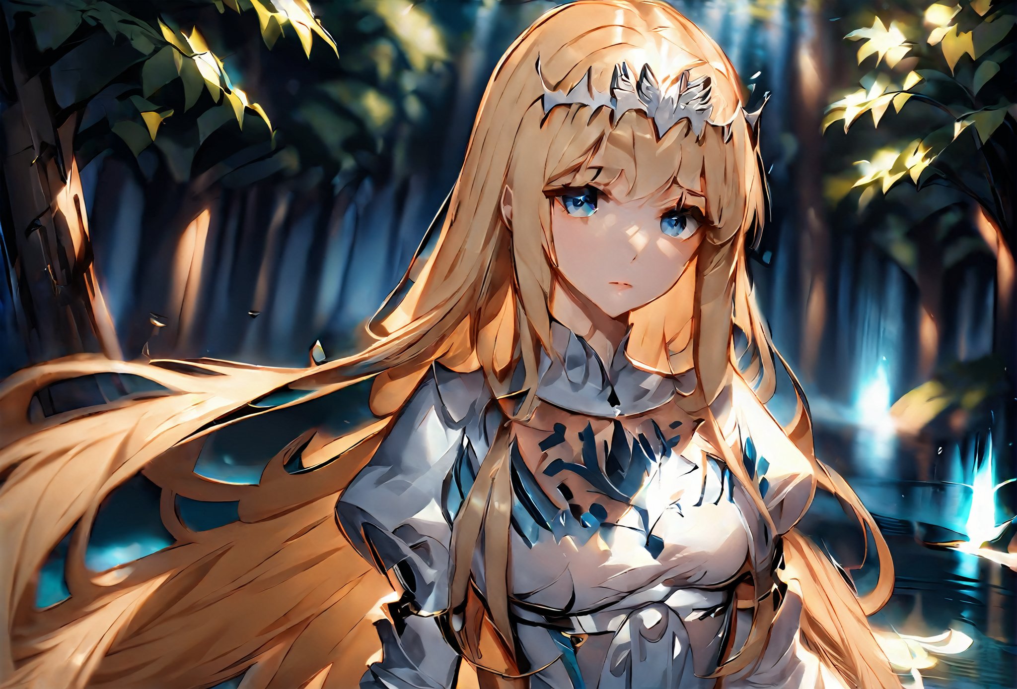 8K, high resolution, (masterpiece, best quality), cinematic,  water hair, light blue eyes, water dress, side_lighting, abstract,s, (background enchanted forest, perspective:0.5, gaussian blur, intensity:0.5,  1girl, solo, Calca, Calca Bessarez, blonde hair, (extremely long hair:1.3), very long hair, white tiara, white dress, blue eyes, medium chest,extremely long hair