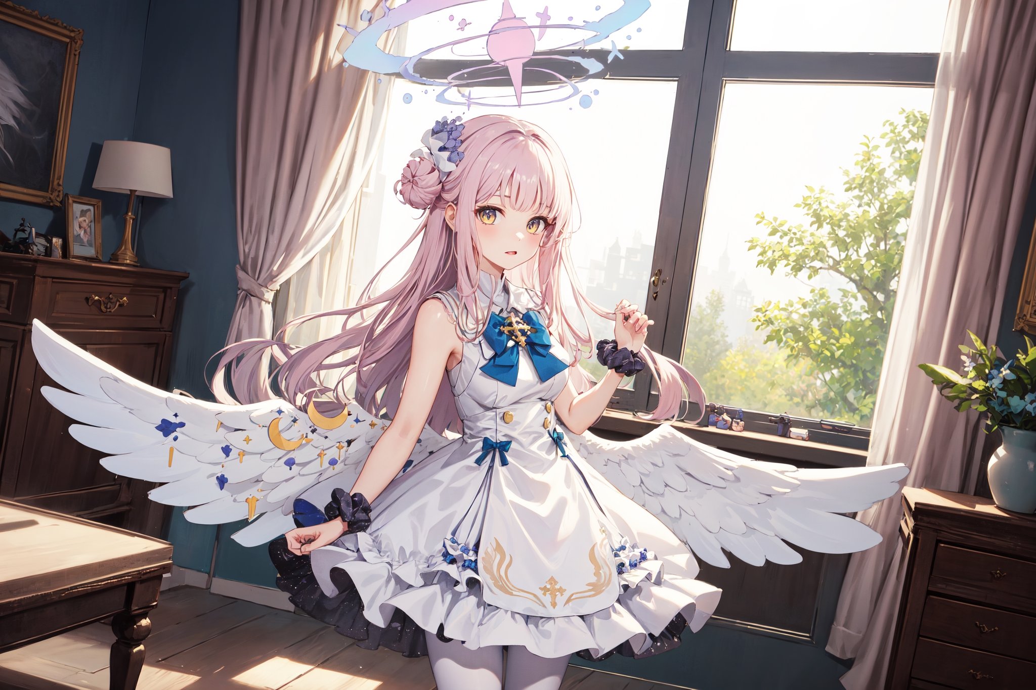  best quality, highres, aamika, halo, long hair, hair flower, angel wings, white wings, low wings, angel wings, crescent, sleeveless, blue bow, frills, white dress, wrist scrunchie, white pantyhose, , , cowboy shot, capelet, ,, indoor, in luxurious room, living room, window, day light