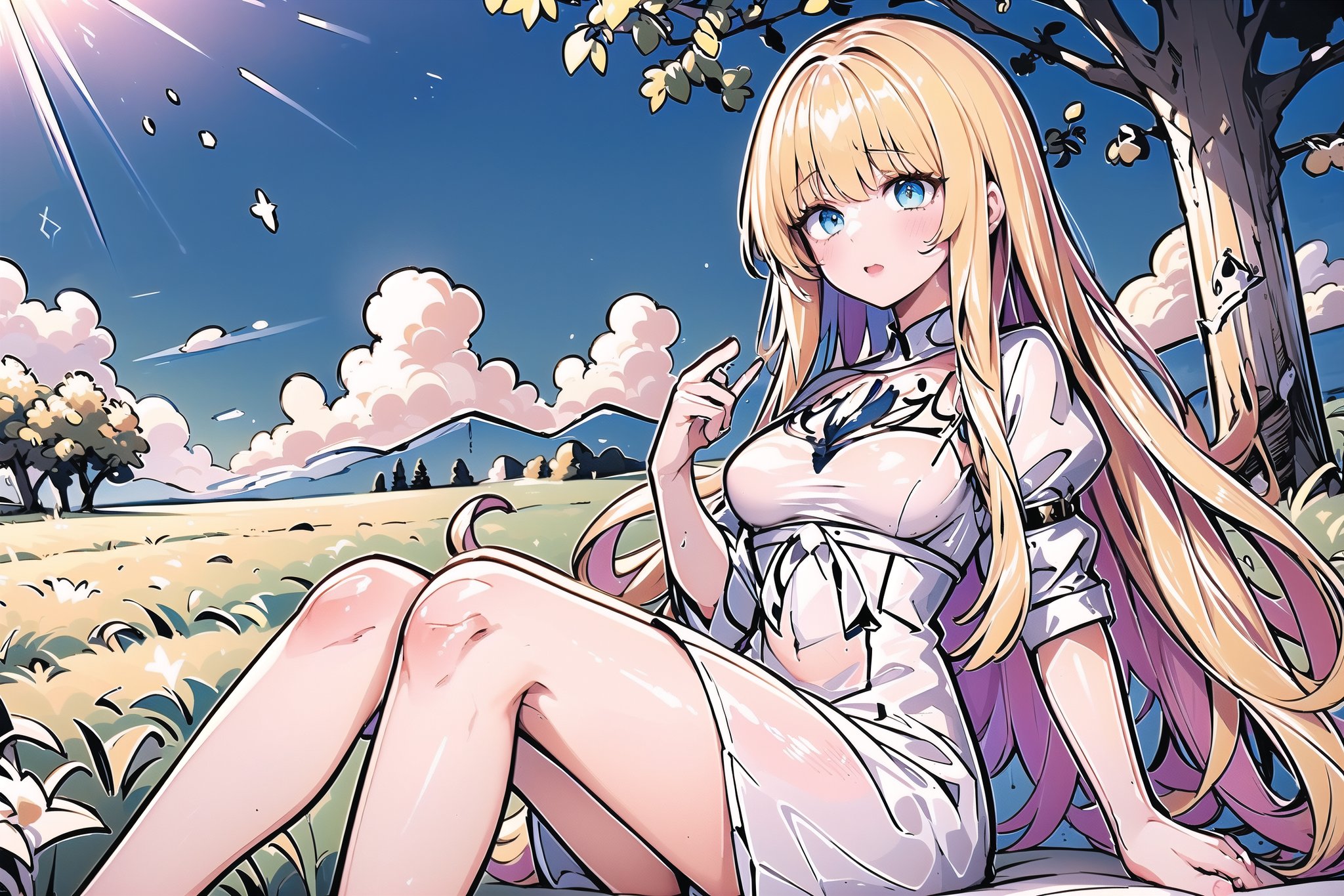 (masterpiece, best quality, highres:1.1), ultra resolution image, Colorful, (watercolor style:0.9),  sitting, cuddle, tree, wind,  love, dream, summer, air, 1girl, solo, Calca, Calca Bessarez, blonde hair, (extremely long hair1.3), very long hair, white tiara, white dress, blue eyes, medium chest