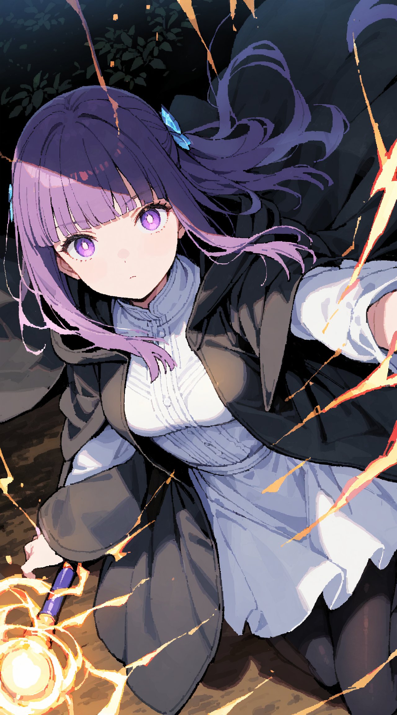 1girl, big breasted, fern \(sousou no frieren\), sousou no frieren, purple hair, solo, purple eyes, bangs, grass, outdoors, hair ribbon, short hair, holding, eyebrows visible through hair,(holding staff, holding wand, staff:1.5), cloak, dress, long sleeves, closed mouth, bright pupils, blunt bangs, hair bow, day, standing, white pupils, path, expressionless, black cloak, road, hood, black robe, black footwear, robe, younger, kneeling, shadow, hood down, sleeves past wrists, hooded cloak, white dress, black coat, shiny hair, v arms, child, black cape, bush, looking up, coat, cape, black dress, from above, hooded robe, plant, bob cut, shiny, black jacket, dirt road, sleeves past fingers, sunlight, nature, dirt, shoes, wide sleeves, dot nose, medium hair, turtleneck, leaf, white sweater, on ground, boots, pantyhose, shade, jacket, skirt, long dress, hair ornament, long hair, white shirt, dirty, black legwear, glowing eyes, (magic girl, magic, electricity, electrokinesis, pyrokinesis, casting spell:1.8), (dynamic pose, dynamic angle:1.5), (face focus, cowboy shot, close-up face, backlight:1.2), perfect features, intricate details, ray tracing, depth of field, ultra resolution image, (very aesthetic, newest, best quality, masterpiece),  (Illustrate a translucent watercolor painting, with delicate washes of color, subtle blending, and an airy, dreamlike quality.), (oekaki, tegaki, backlight:1.2),