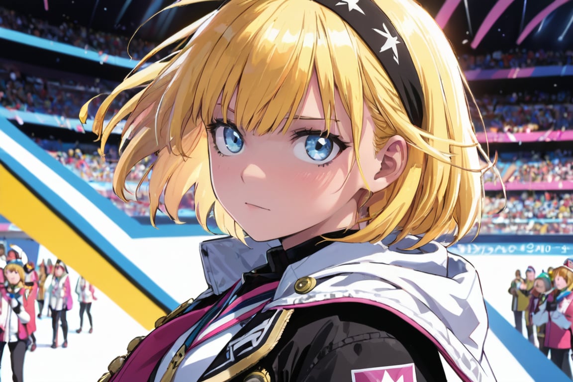 detailed illustration, dynamic angle, ultra-detailed, illustration, 1girl,, white and pink jacket, medium, Olympic Awards Ceremony, olympic competition,, bright eyes,archie, overlord, Arche, light blue eyes, yellow hair, (black headband:1.3), short hair, blunt_bangs