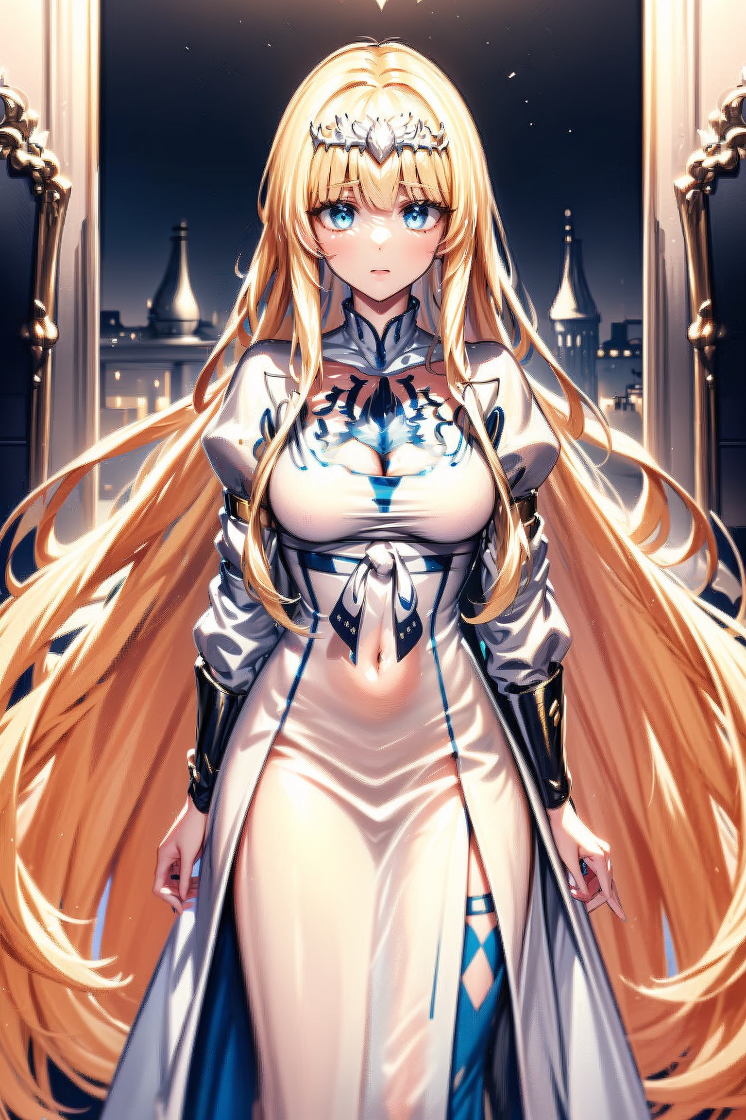 1girl, solo, Calca, Calca Bessarez, blonde hair, (extremely long hair:1.3), very long hair, white tiara, white dress, blue eyes, medium chest, extremely long hair