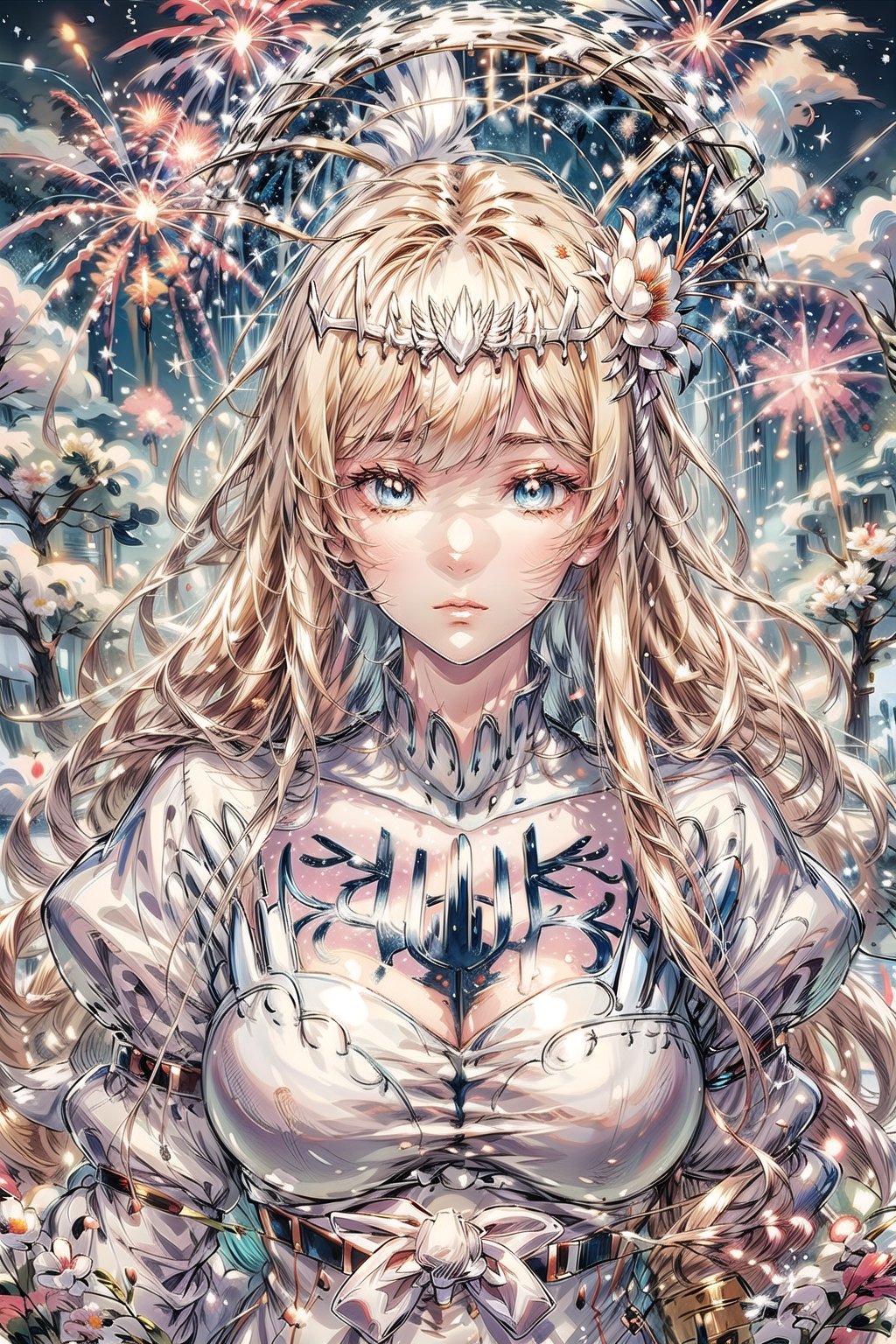 Anime ,(beautiful detailed face, beautiful detailed eyes),(((best quality,masterpiece))),(a beautiful girl,(flower pattern),(anime style),(Snow cover,night_sky ,fireworks, nature view),more detail XL,EpicSky,cloud, 1girl, solo, Calca, Calca Bessarez, blonde hair, extremely long hair, very long hair, white tiara, white dress, blue eyes, medium chest