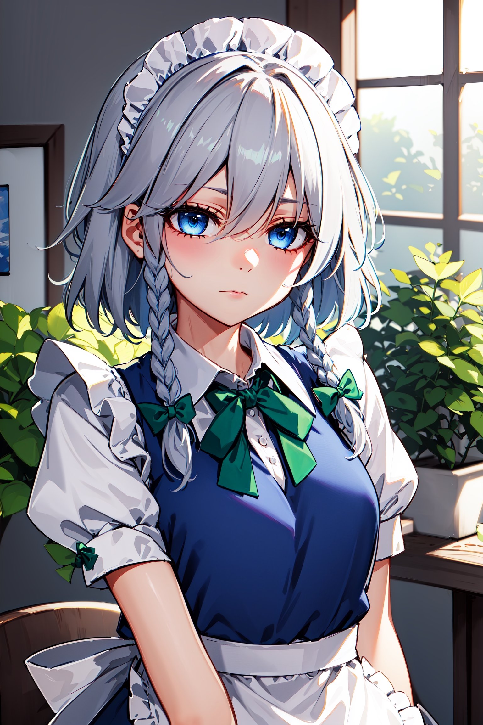 (8k, masterpiece, best quality, highres),,delicated eyes, delicated face,,focus,portrait, ,izayoi_sakuya_touhou, 1girl, solo ,Sakuya, , Sakuya Izayoi, blue maid outfit, white apron, white maid headband, silver hair, (two braided hair), short hair, blue eyes, blue eyes, (two green ribbons on her braided hair:, green bowtie,braid