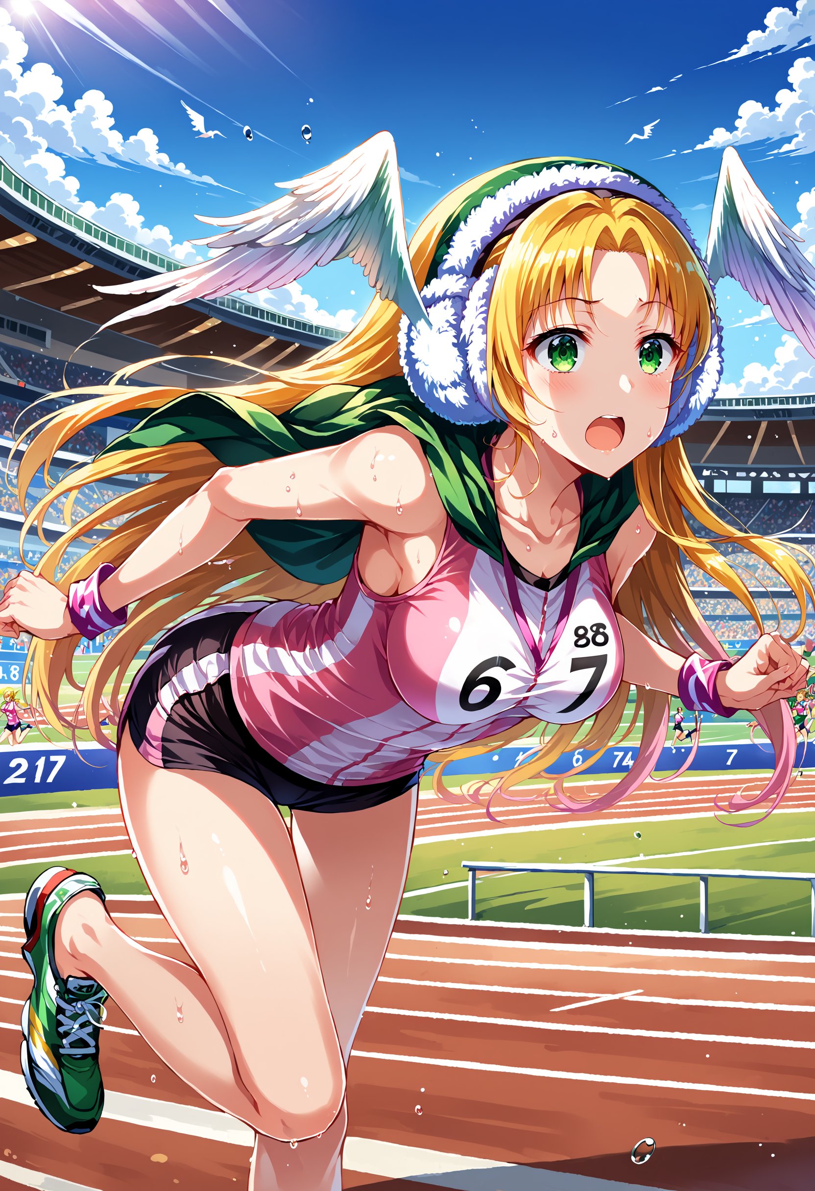 score_9, score_8_up, score_7_up, score_6_up, source_anime,
running track, stadium, starting blocks, finish line, stopwatch, 
sunny day, clear sky, spectators in background,
athletic, determined expression, focused gaze,
 wind:3,sweat droplets,
running pose, leaning forward, arms pumping, legs mid-stride,
track spikes, form-fitting running singlet, running shorts, 
race number pinned to singlet, 
BREAK,
colorful wristbands, BREAK
masterpiece, best quality, absurdres,Divine Chant,4th Seat of the Black Scripture,1girl,blonde hair,green eye,pink sport uniform, green hood,very long hair,(angelwing-shaped earmuffs:1.3),medium breasts