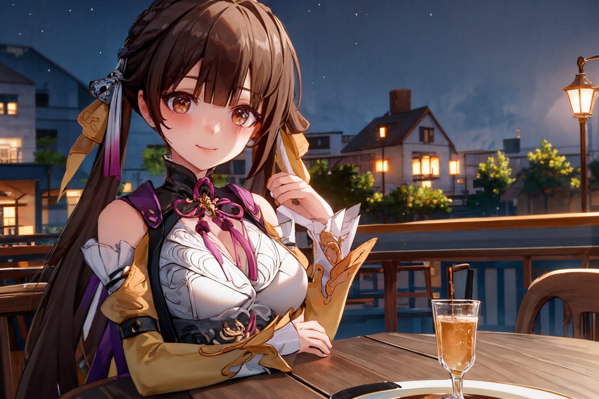 masterpiece, best quality, highres, pov, 1girl, solo, sushang, upper body, slight head tilted, close mouth, smile, :), blush, arm on back, detailled background, outdoor, outdoor restaurant, at night, sitting on a chair, crossed legs, round table, hair ornament, long sleeves, dress, cleavage, bare shoulders, braid, chinese clothes