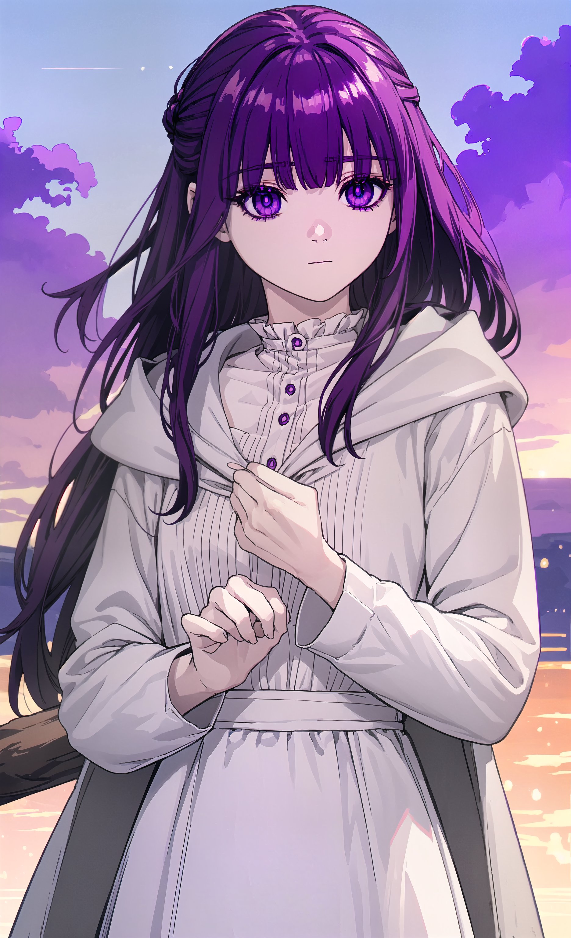 fern, ,fern, long hair, bangs, (purple eyes:1.1), purple hair, sidelocks, blunt bangs, bright pupils, half updo,BREAK shirt, dress, jacket, white shirt, open clothes, hood, white dress, hood down,BREAK looking at viewer, upper body, (full body:1.2),BREAK outdoors, sky, nature,BREAK  (masterpiece:1.2), best quality, high resolution, unity 8k wallpaper, (illustration:0.8), (beautiful detailed eyes:1.6), extremely detailed face, perfect lighting, extremely detailed CG, (perfect hands, perfect anatomy), 