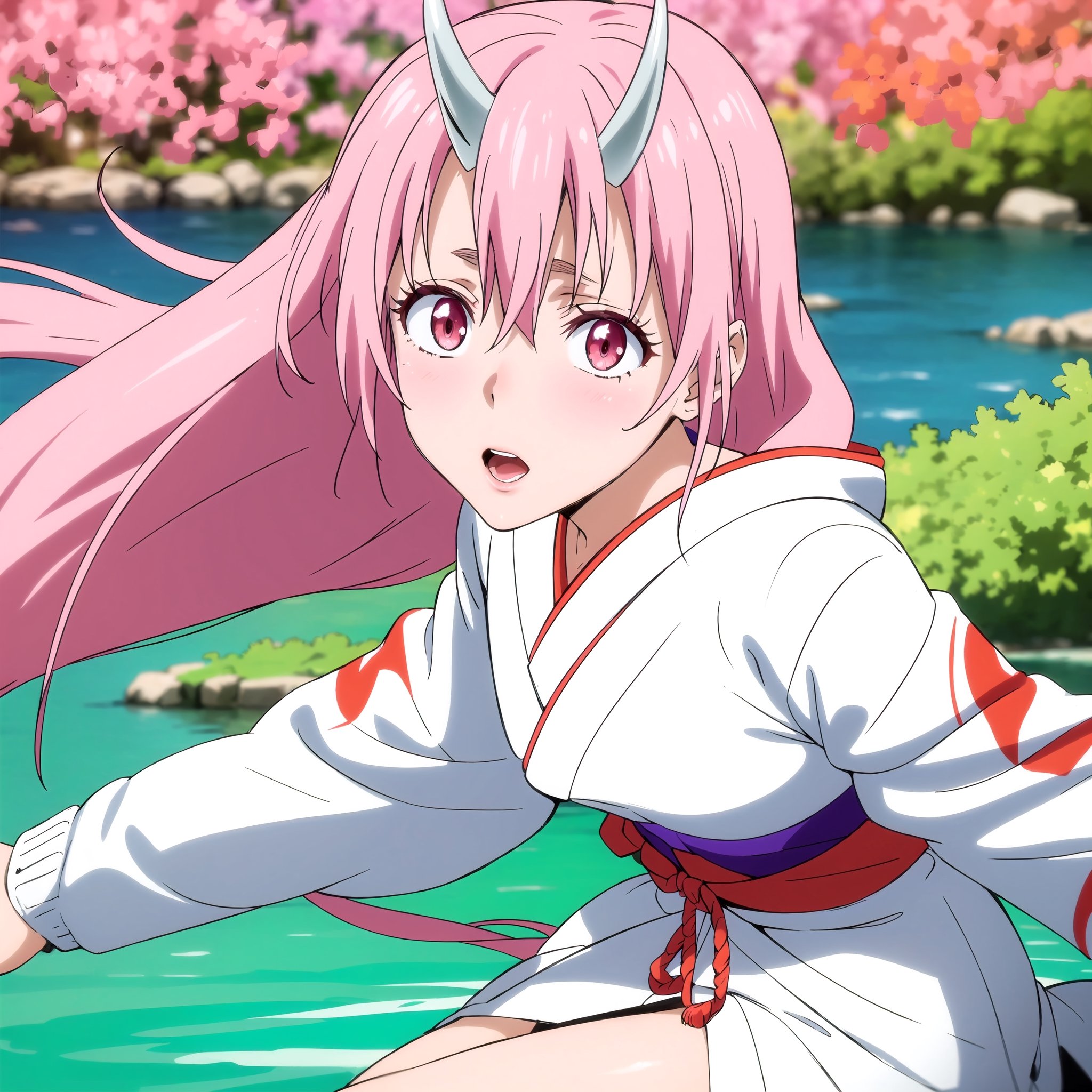 photorealistic, (4k), depth of field, (Masterpiece), (realistic skin texture), extremely detailed, intricate, hyper detailed, professional photography, bokeh, high resolution, sharp detail, best quality, girl,  , red and white kimono, long hair, pink hair, pink eyes, horns, twisted torso ,  outdoors, (lake background:1.3),